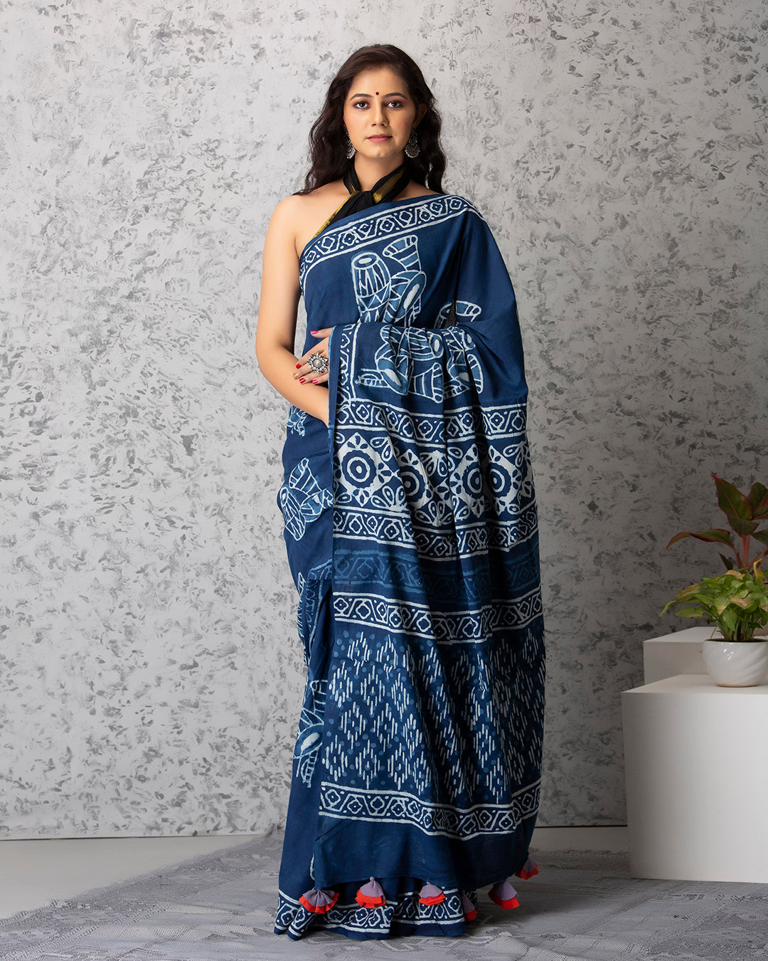 Dhol Handblock Print Indigo Mulmul Saree