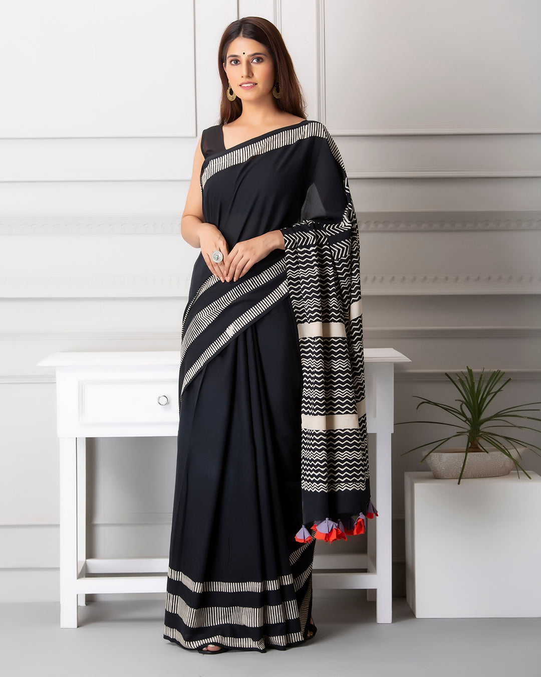 Linear Handblock Print Black Mulmul Saree