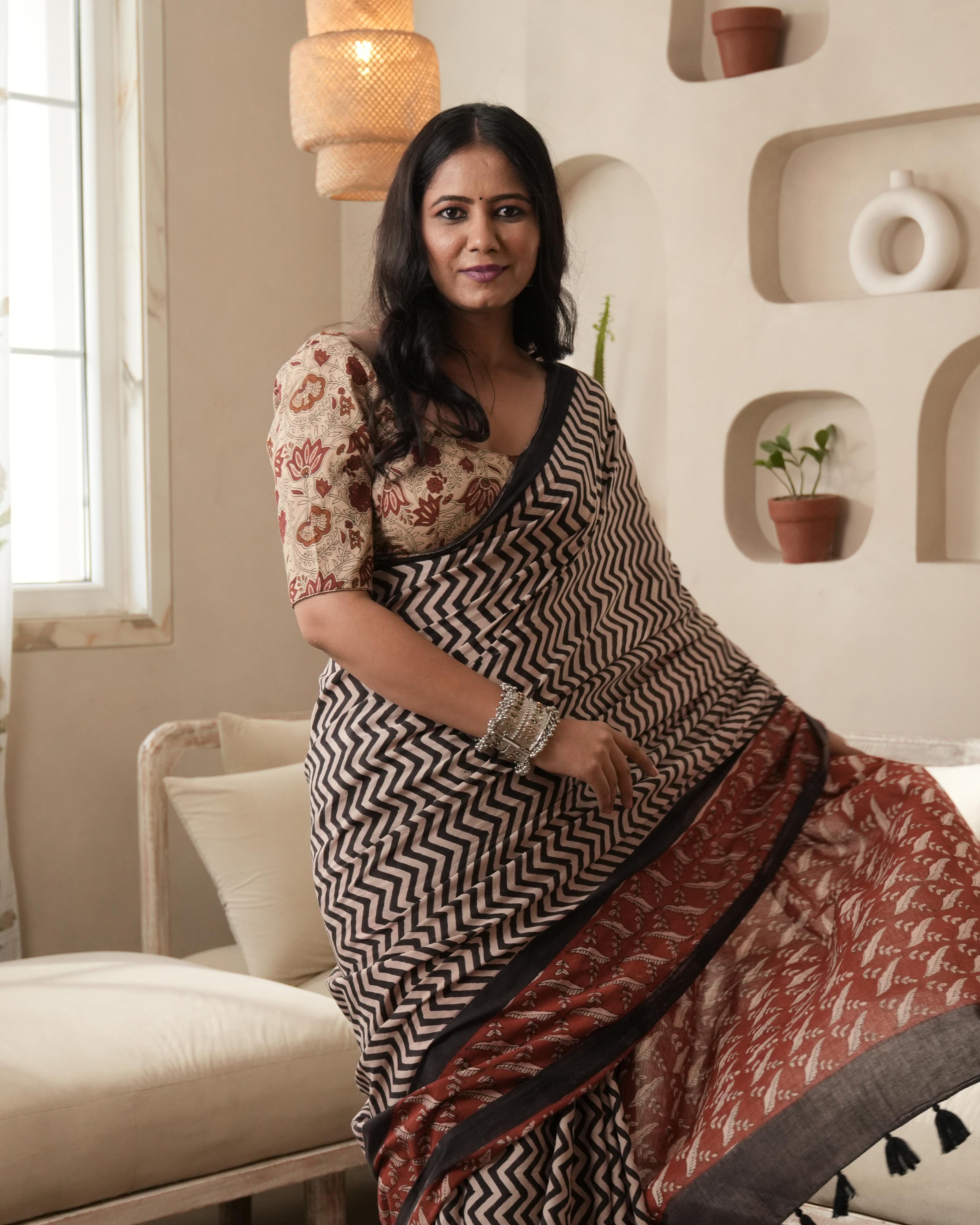 Black Zigzag Bagru Print Mulmul Saree