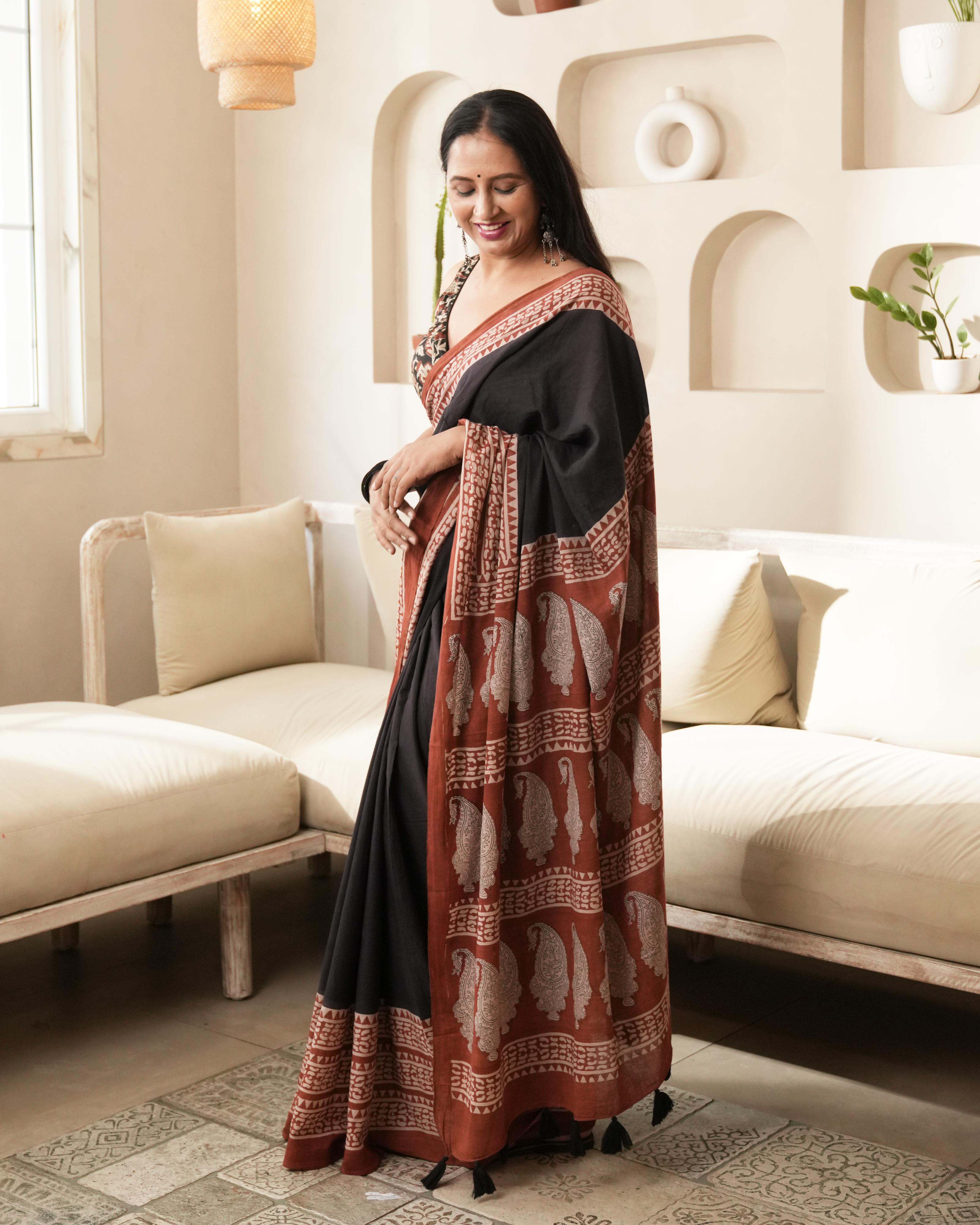 Black Border Bagru Print Mulmul Saree