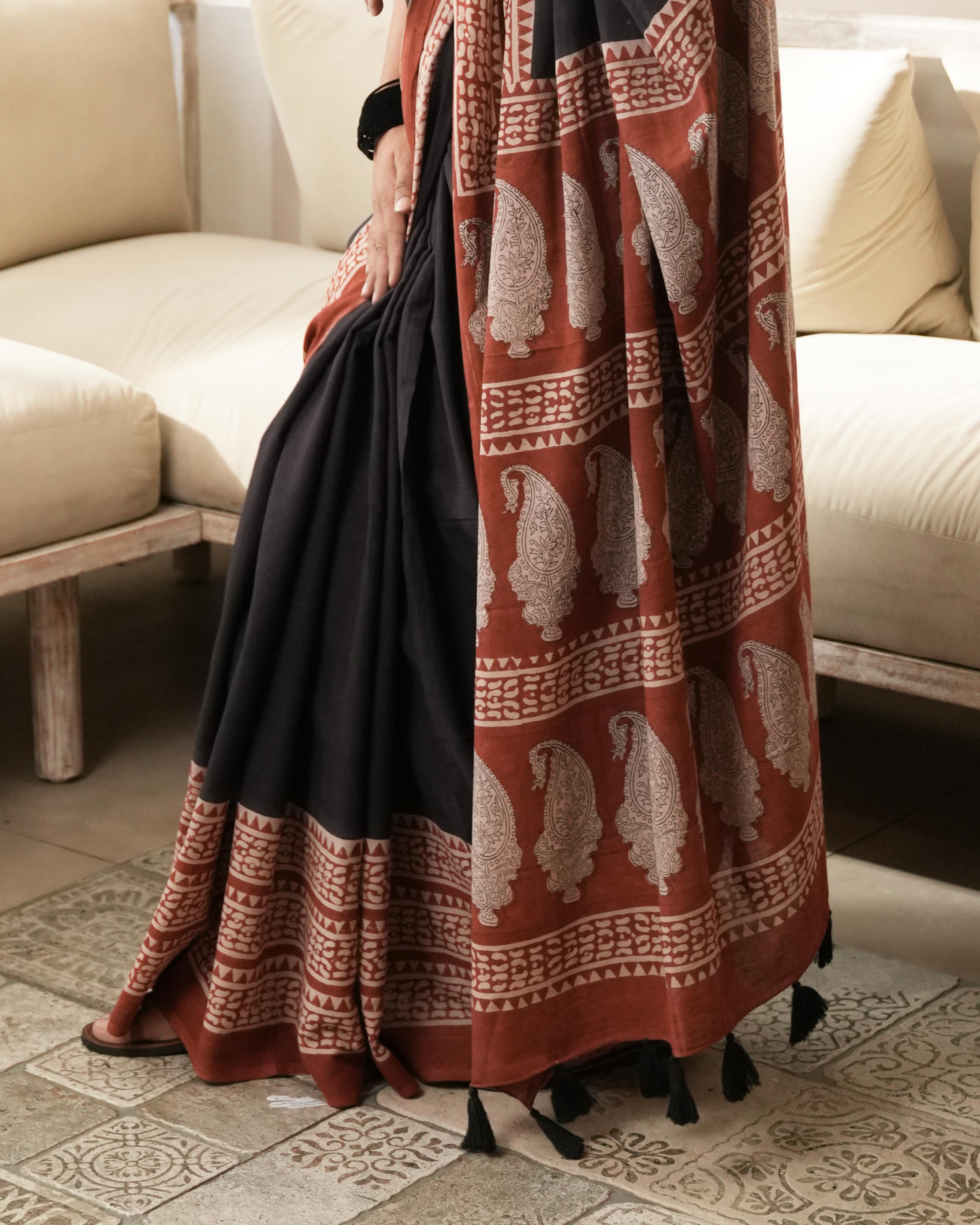 Black Border Bagru Print Mulmul Saree