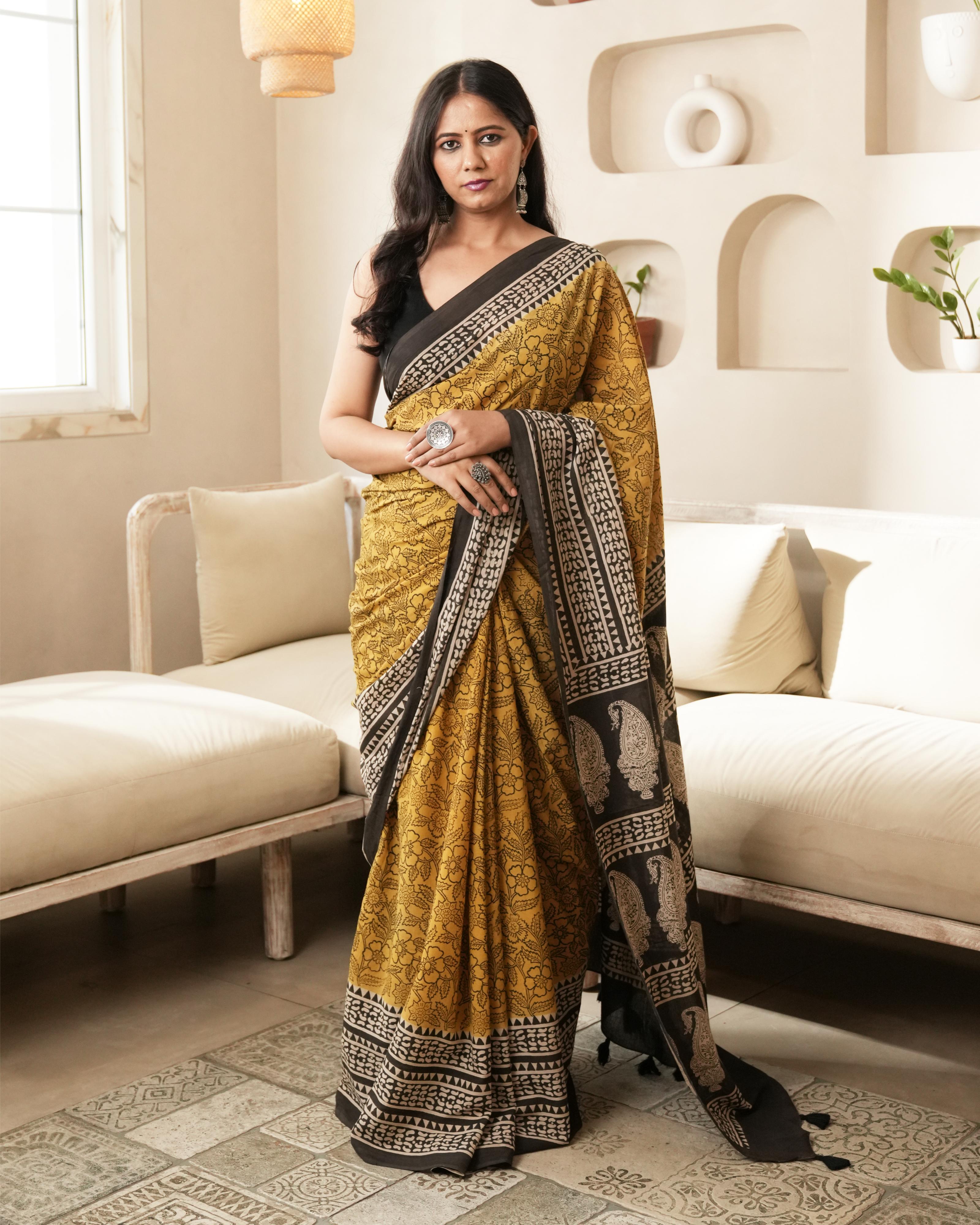 Mustard Bagru Paisley Print Mulmul Saree