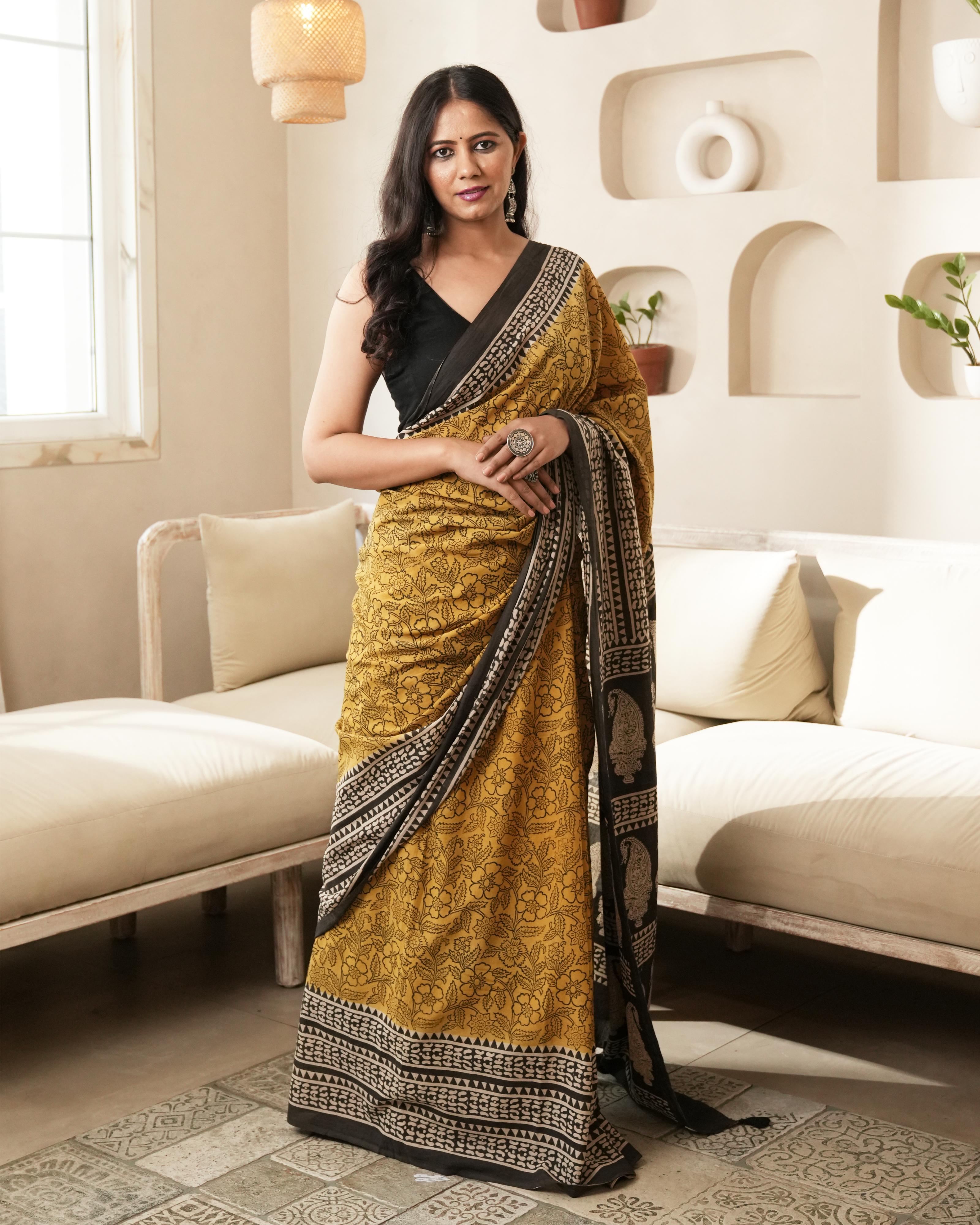 Mustard Bagru Paisley Print Mulmul Saree