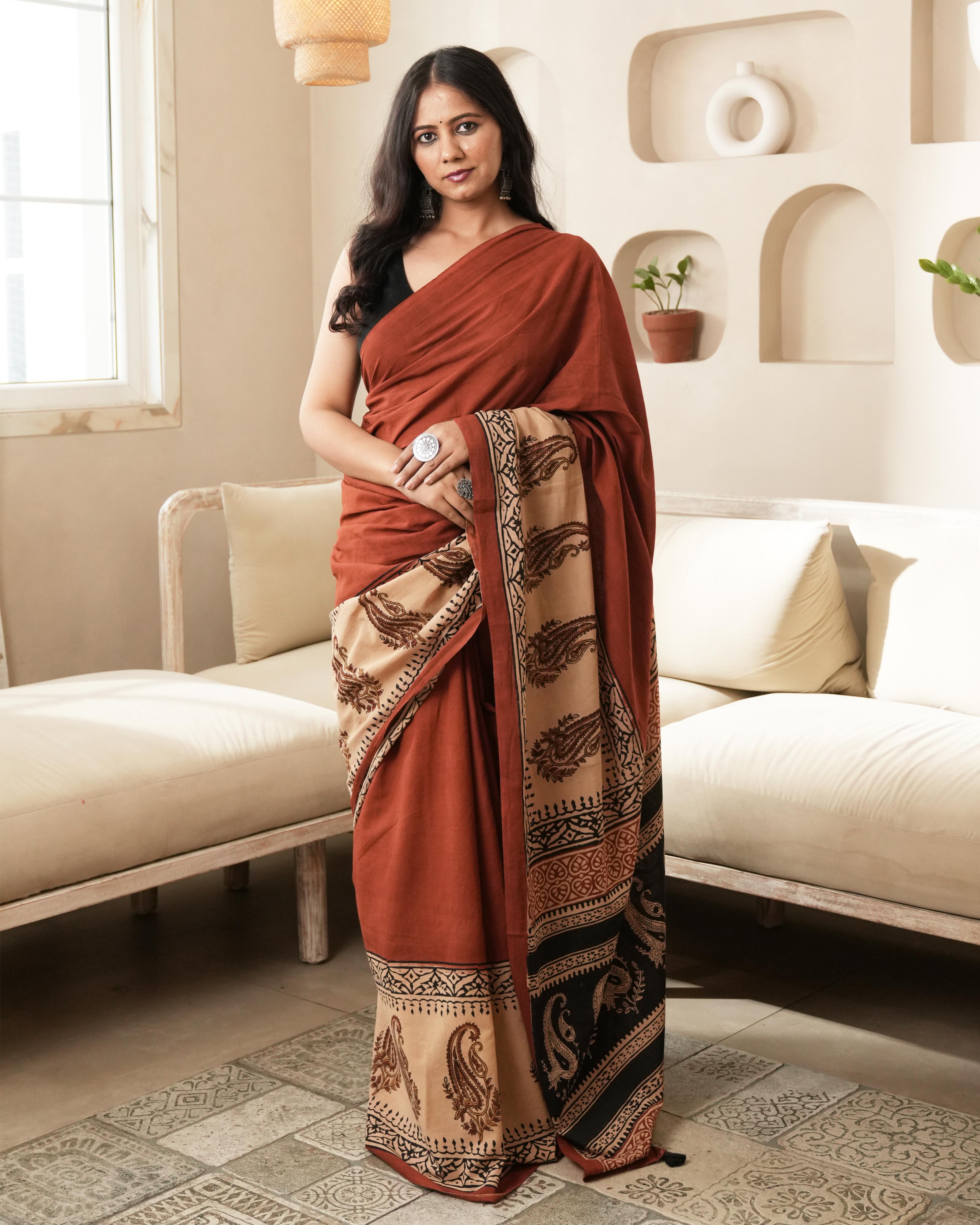 Red Bagru Paisley Print Mulmul Saree