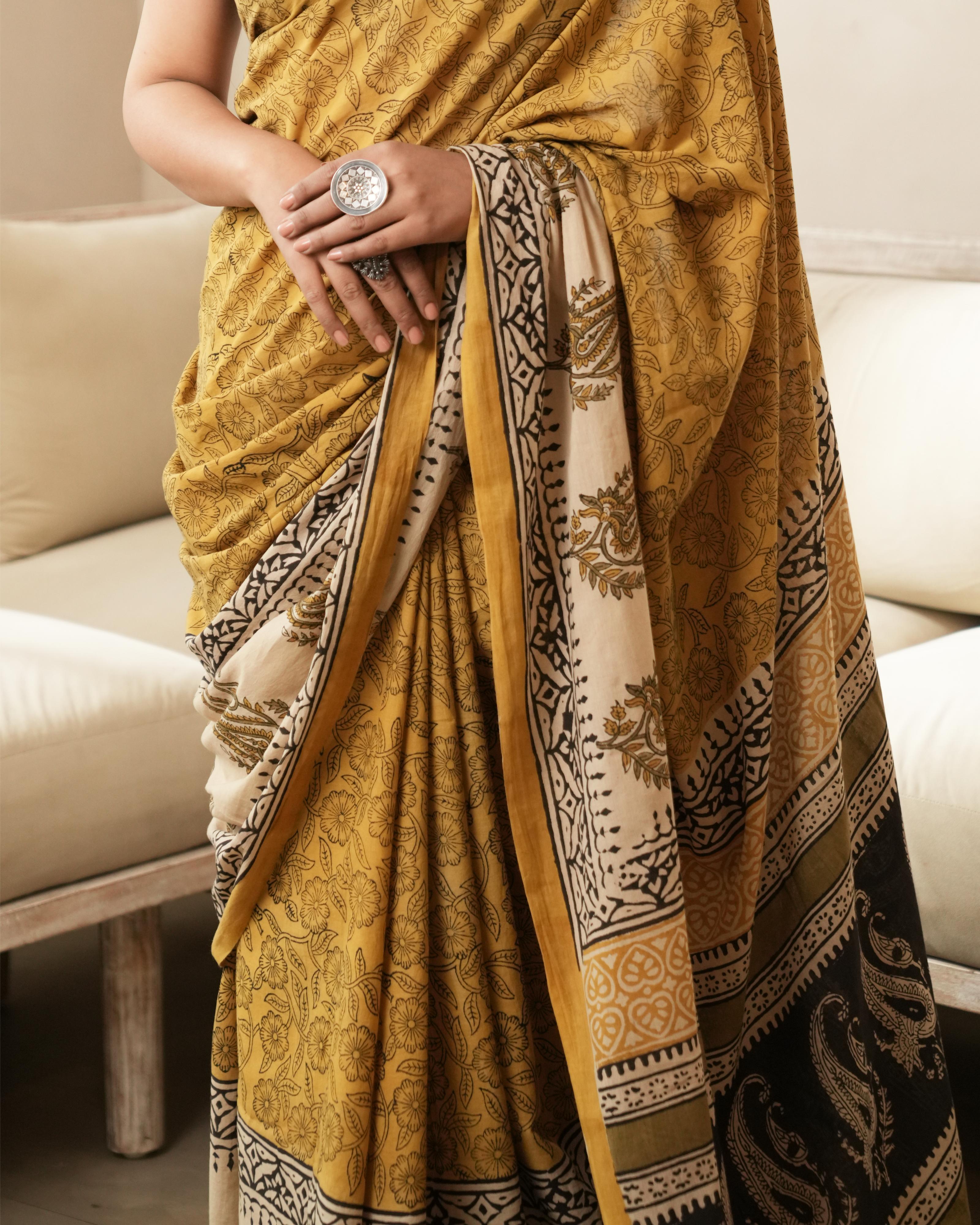 Mustard Paisley Border Bagru Print Mulmul Saree