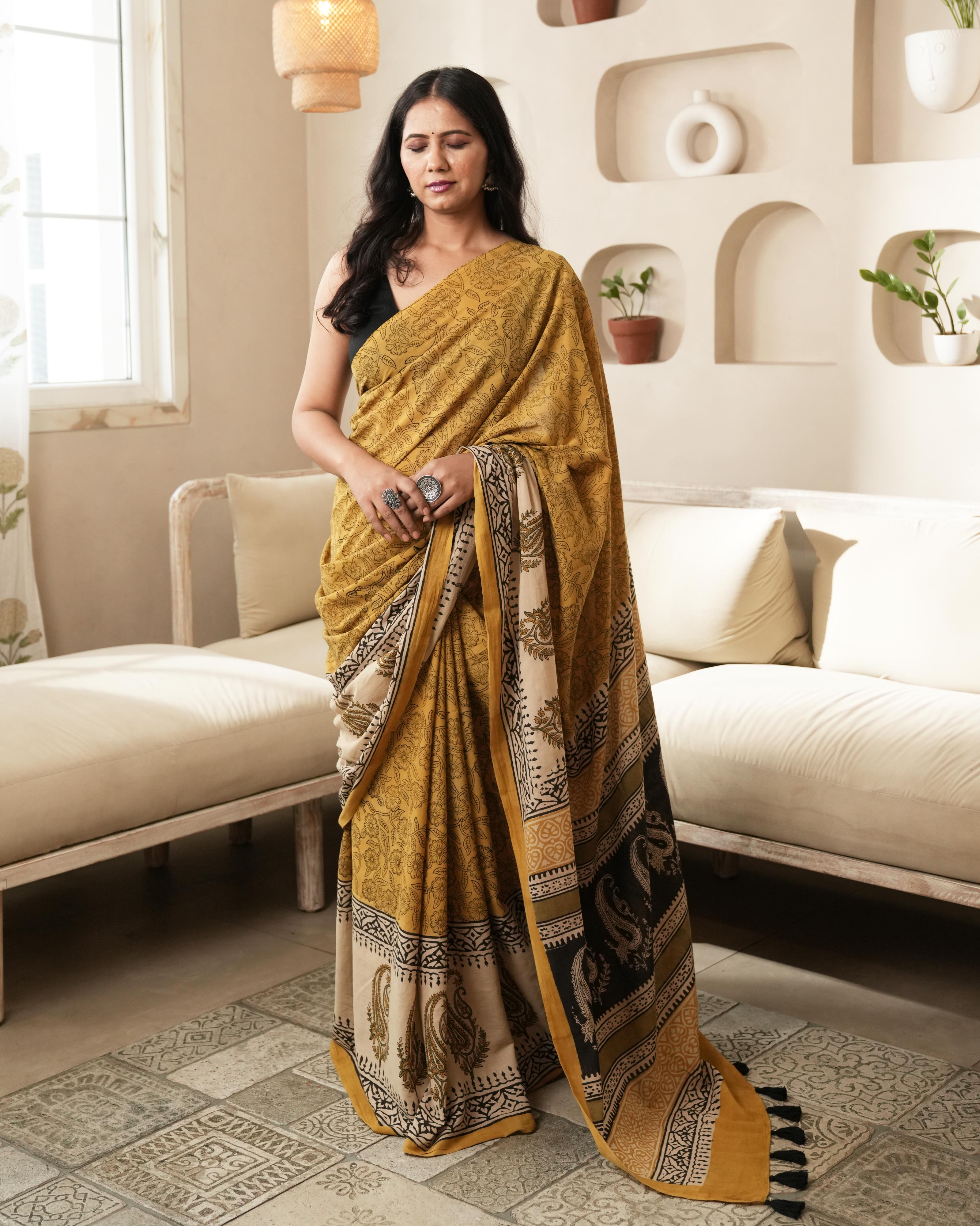 Mustard Paisley Border Bagru Print Mulmul Saree