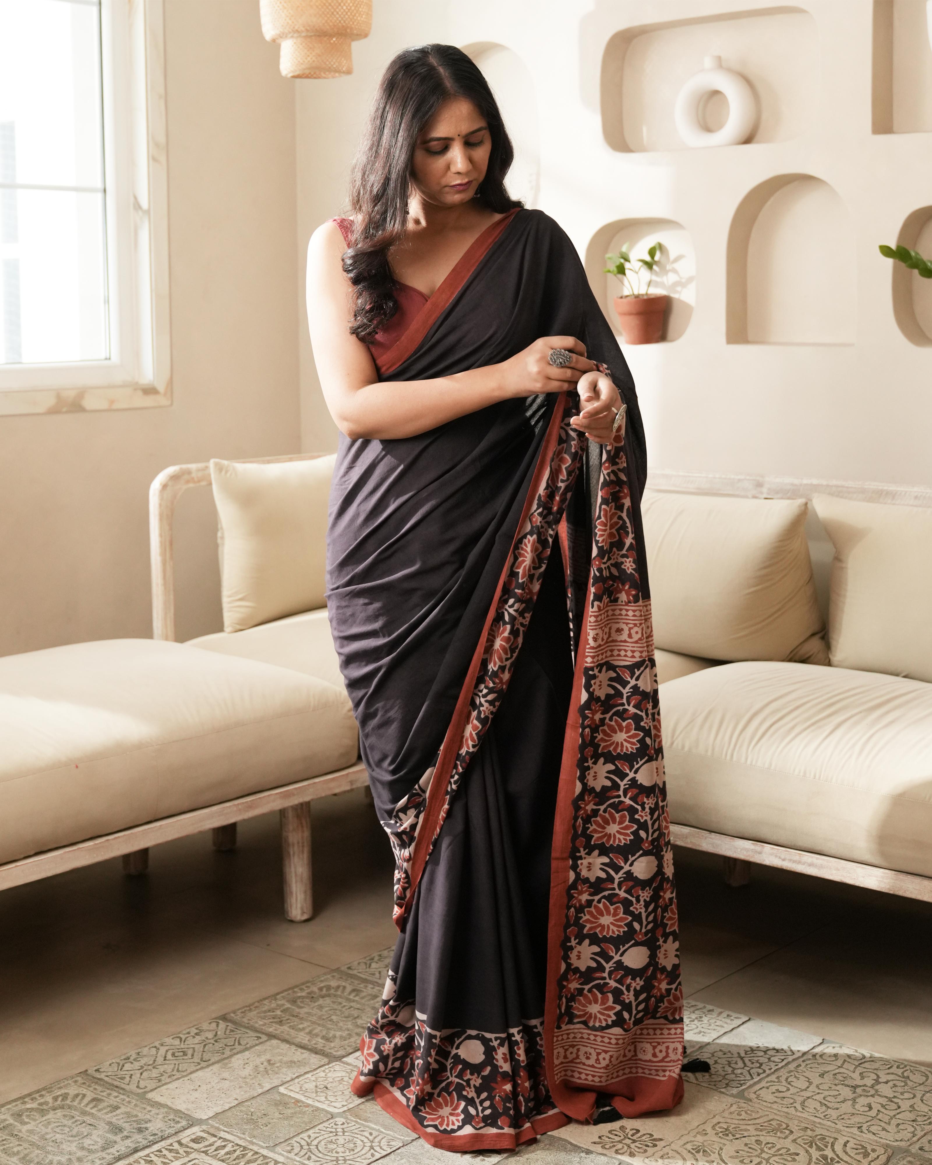 Black Floral Jaal Border Bagru Print Mulmul Saree