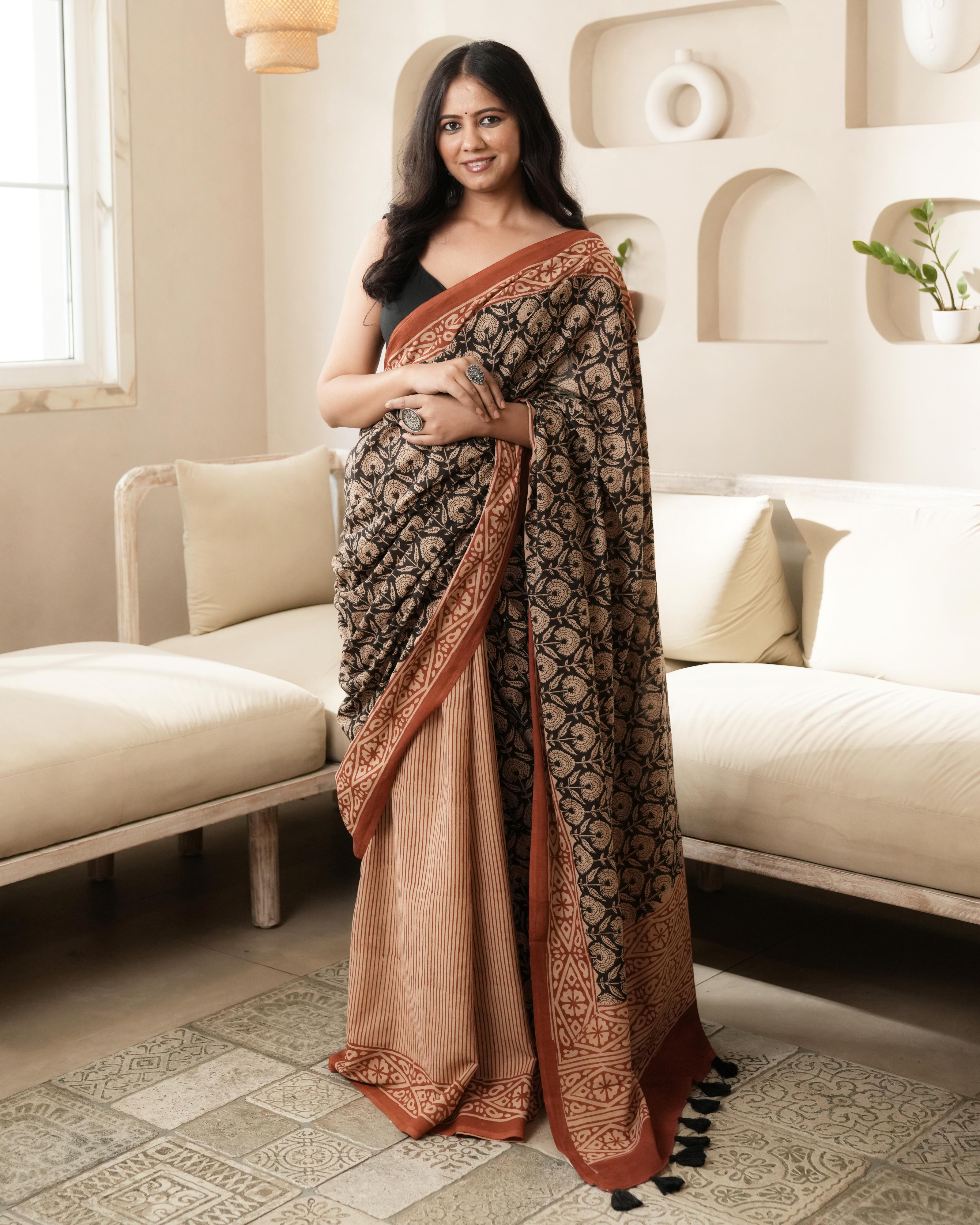 Black Dual Bagru Print Mul Cotton Saree