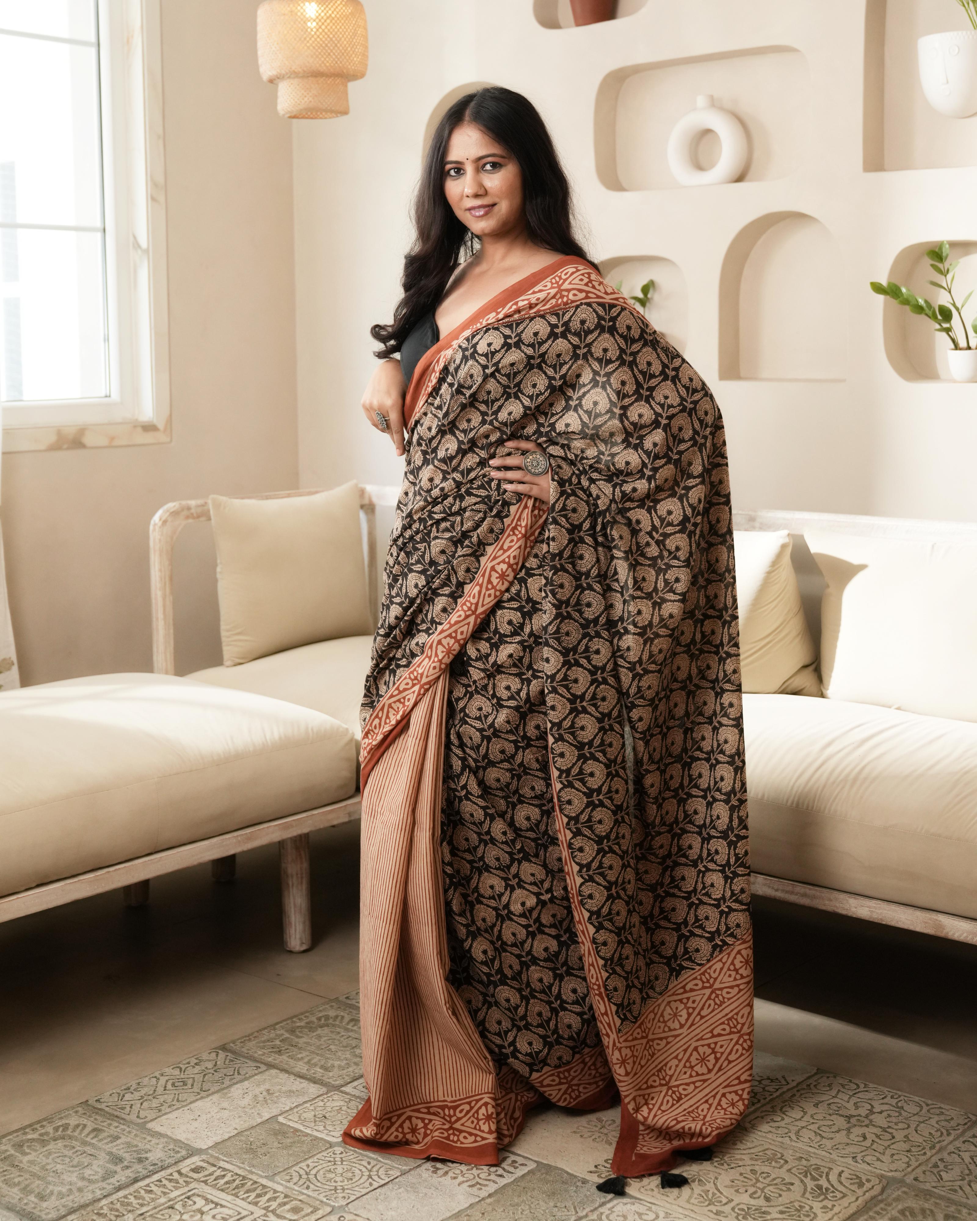 Black Dual Bagru Print Mul Cotton Saree