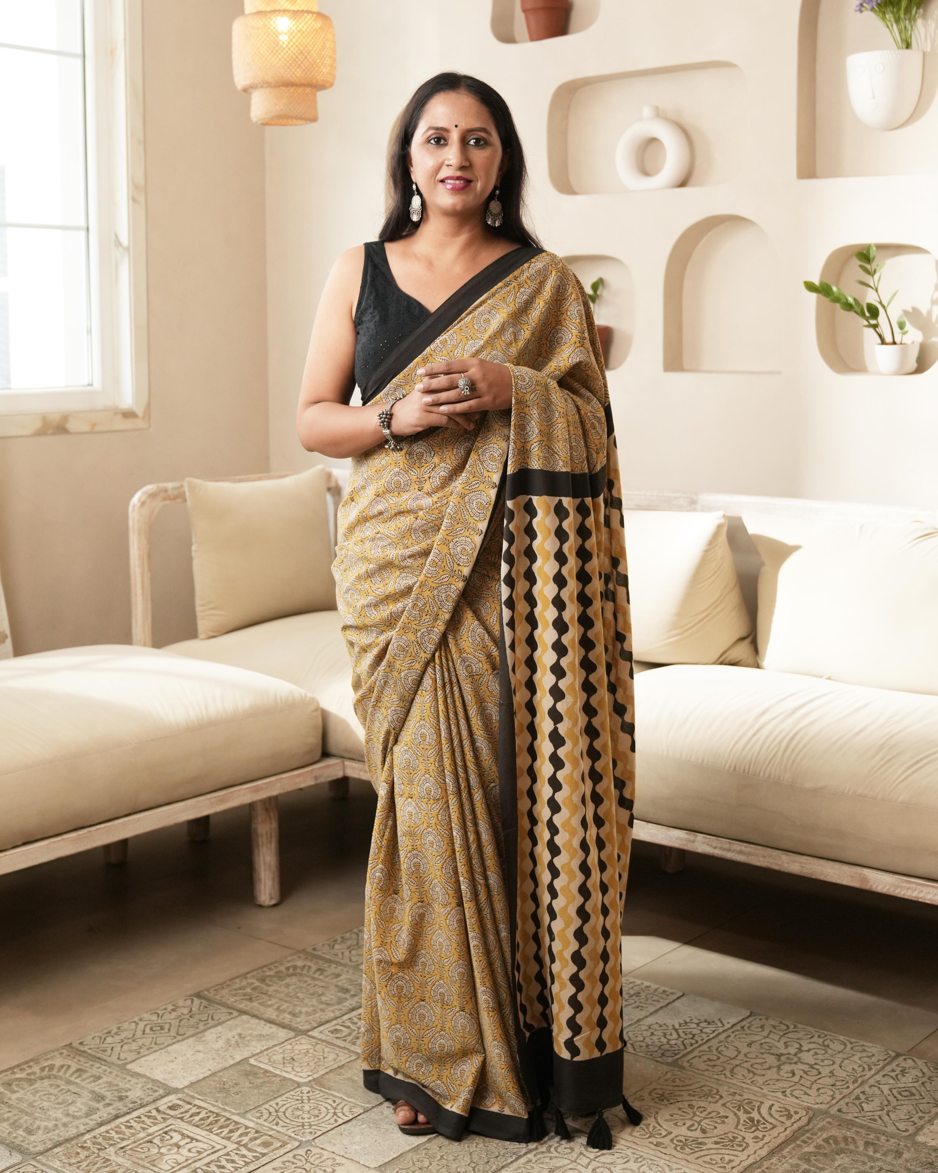Mustard Jaal Bagru Print Mulmul Saree
