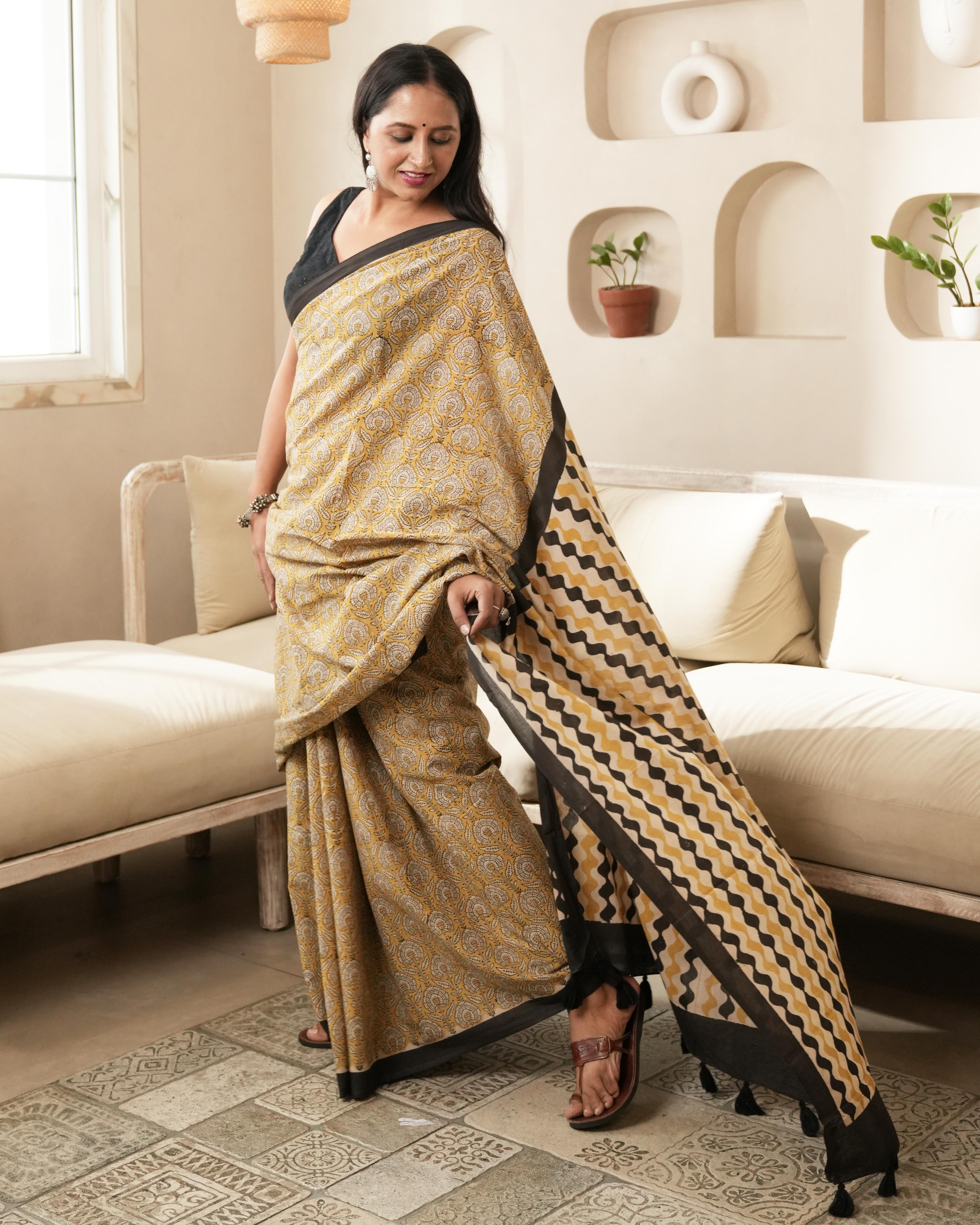 Mustard Jaal Bagru Print Mulmul Saree