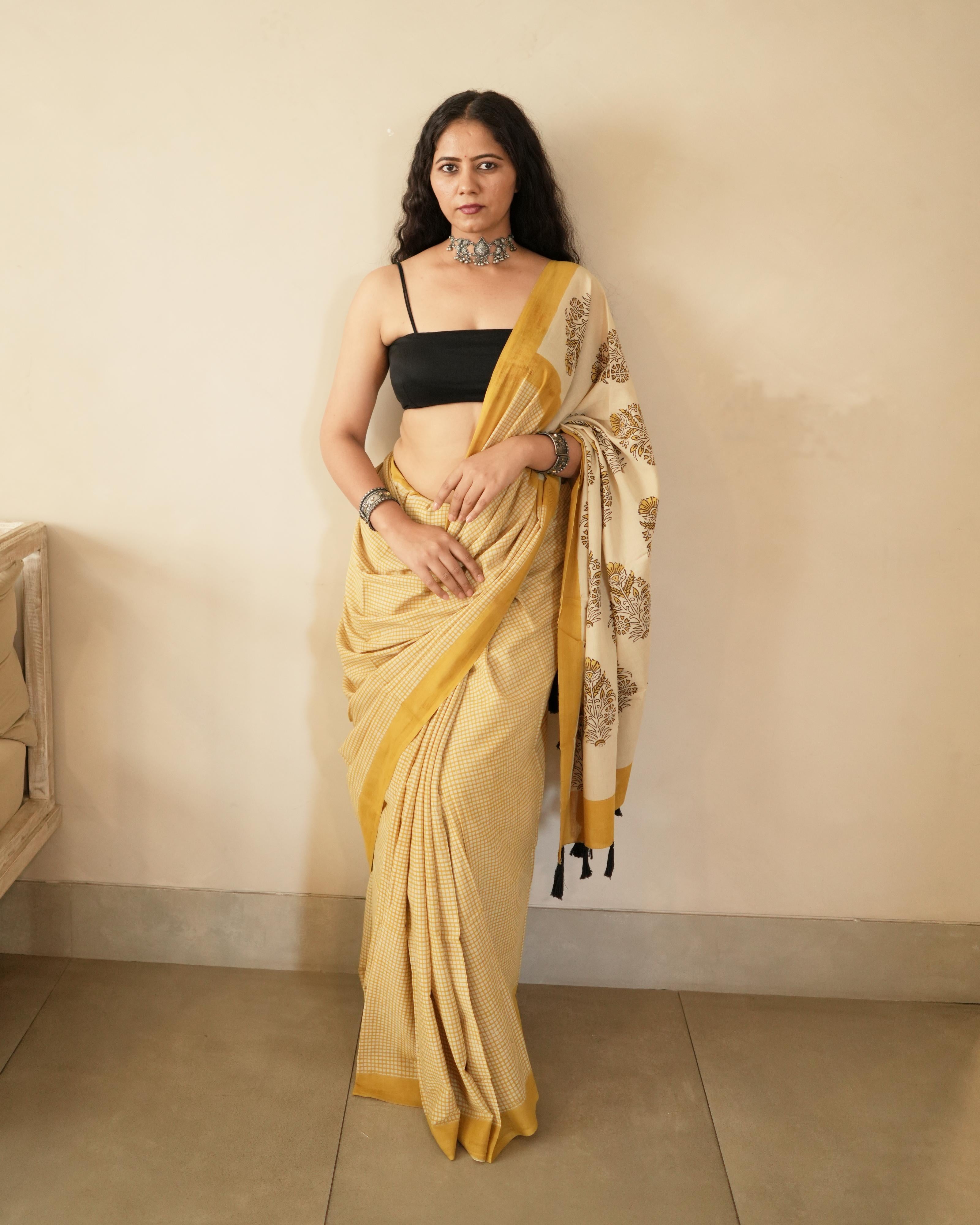 Mustard Checks Bagru Printed Mul Saree with Tassels