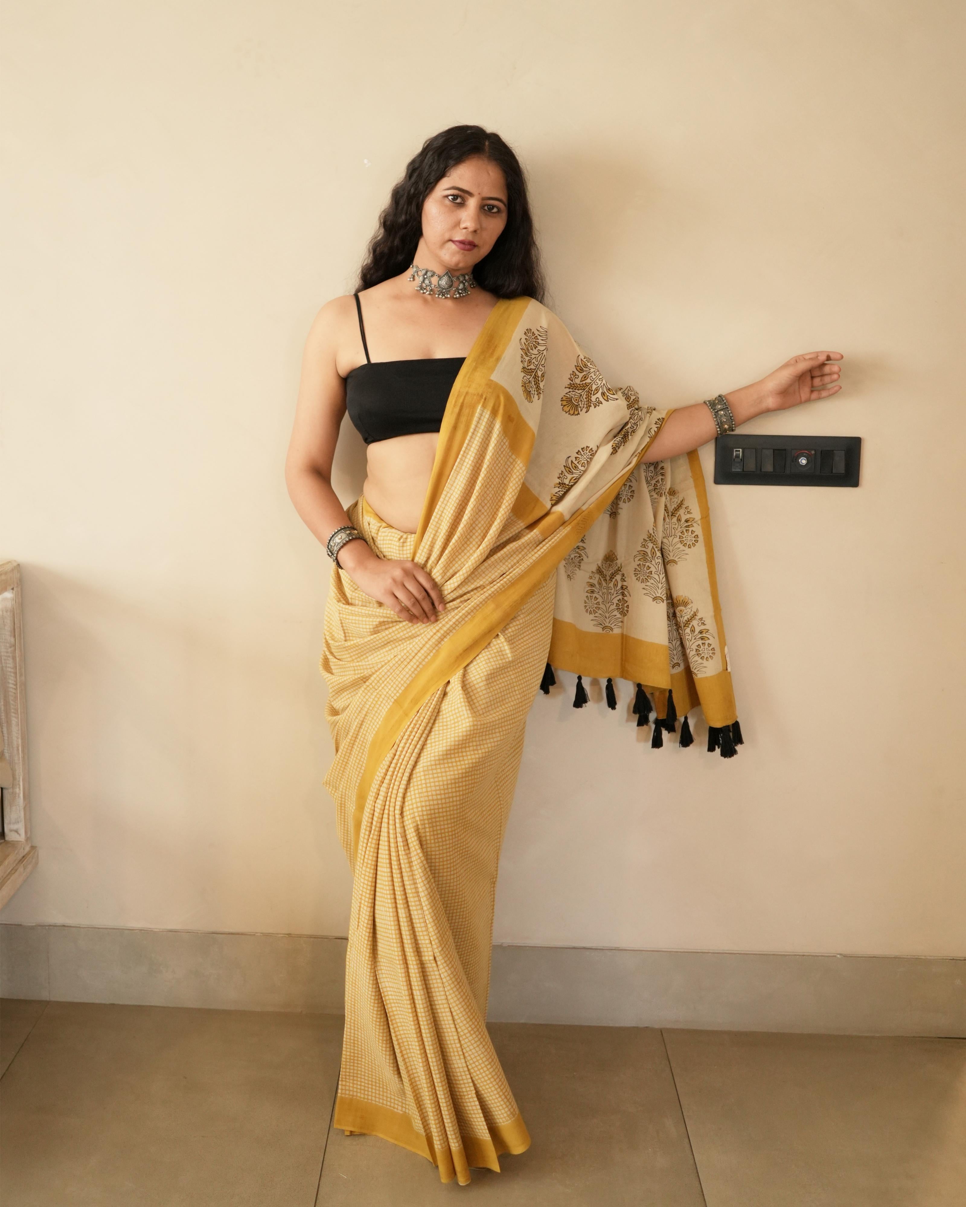 Mustard Checks Bagru Printed Mul Saree with Tassels