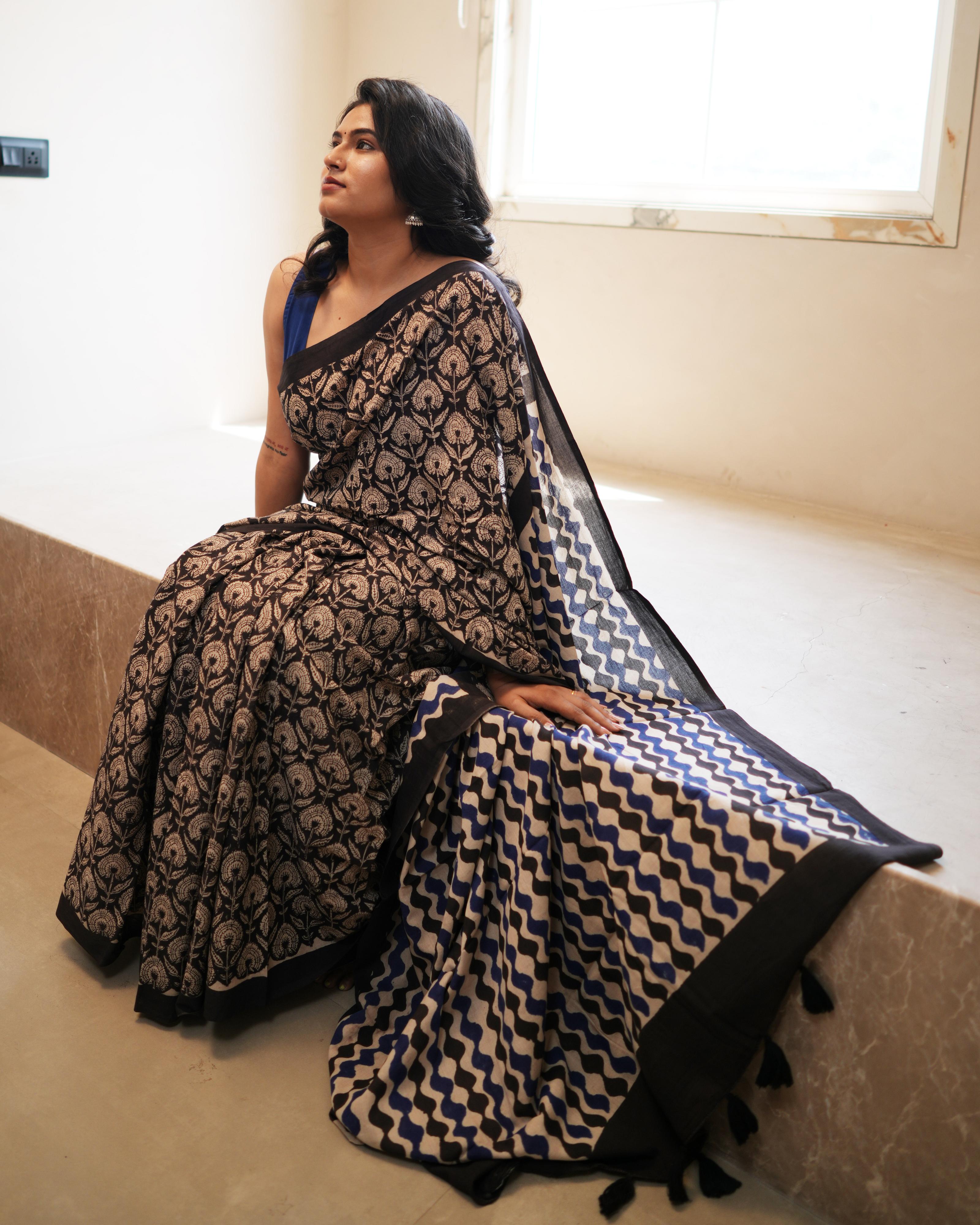 Black Jaal Bagru Printed Mul Saree with Tassels