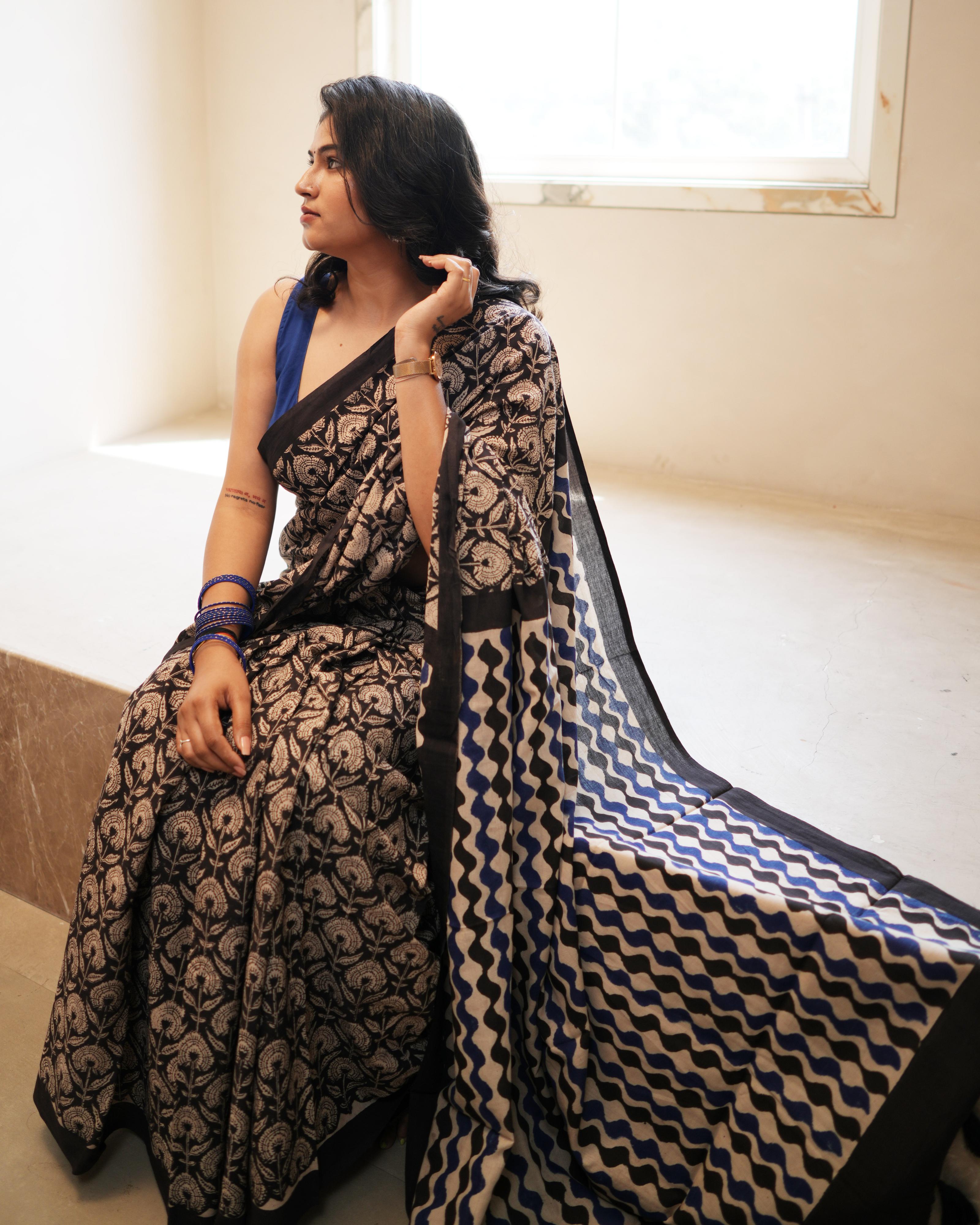 Black Jaal Bagru Printed Mul Saree with Tassels