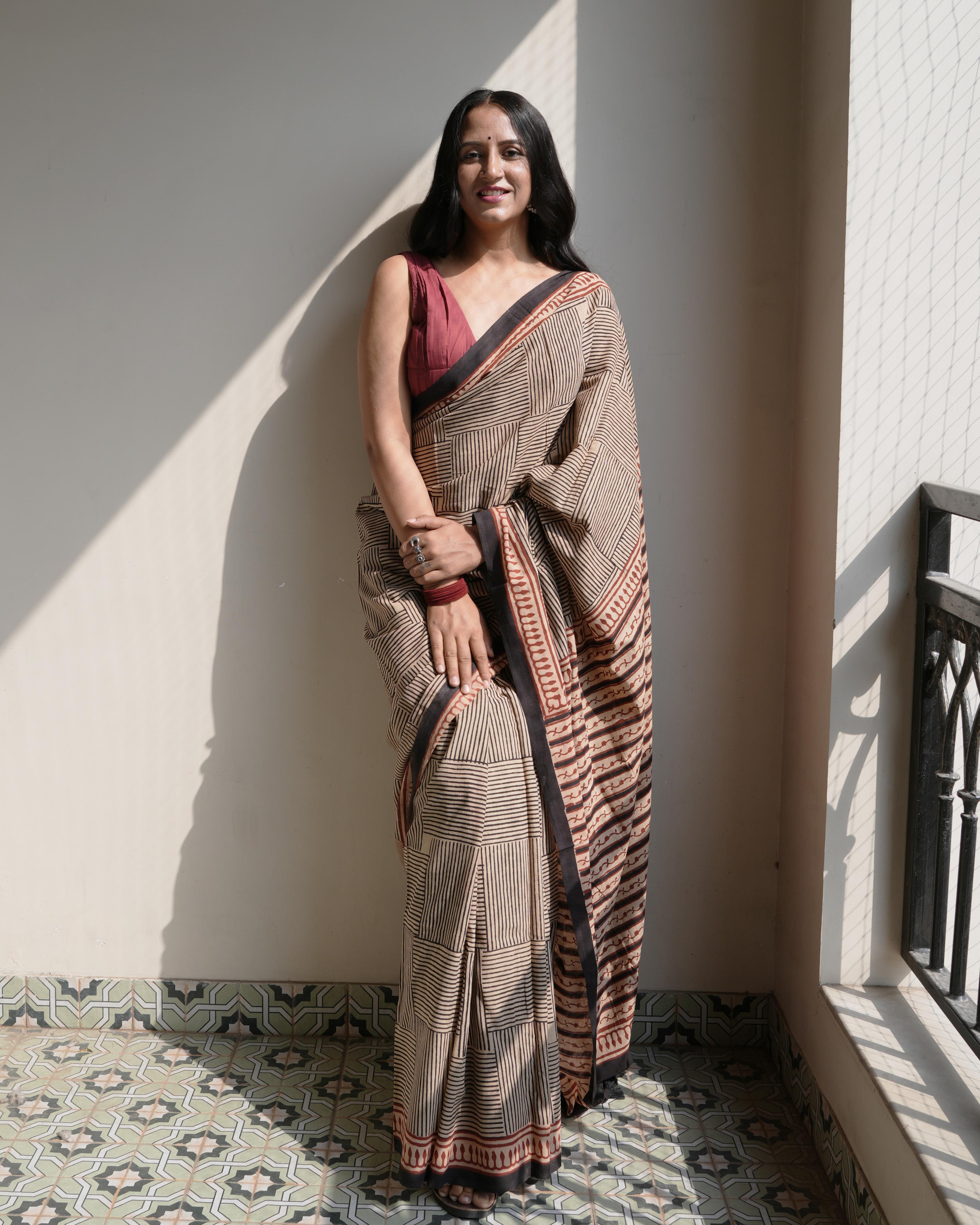 Black Silli Bagru Print Mul Saree with Tassels