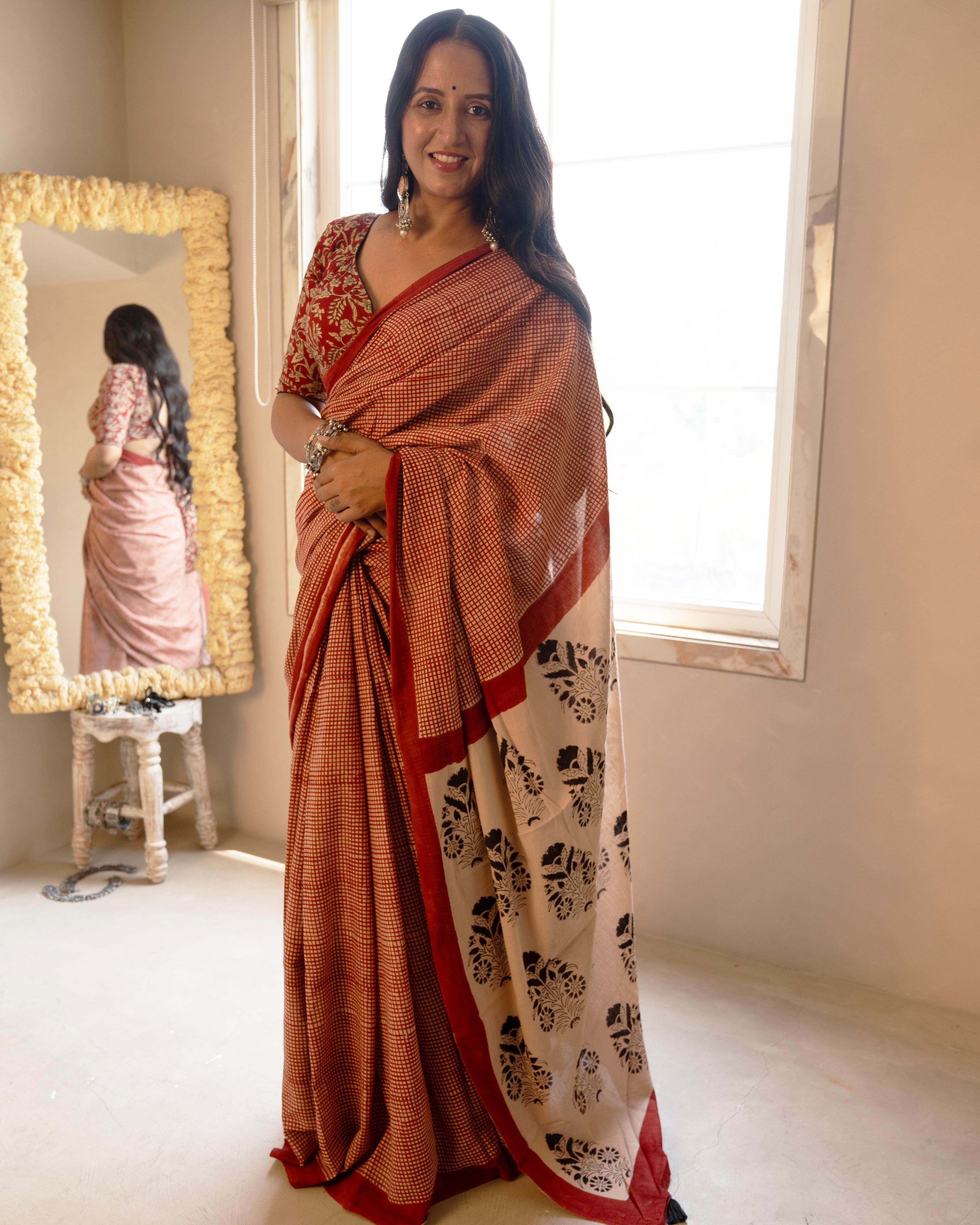 Red Bagru Checks Printed Mul Saree with Tassels