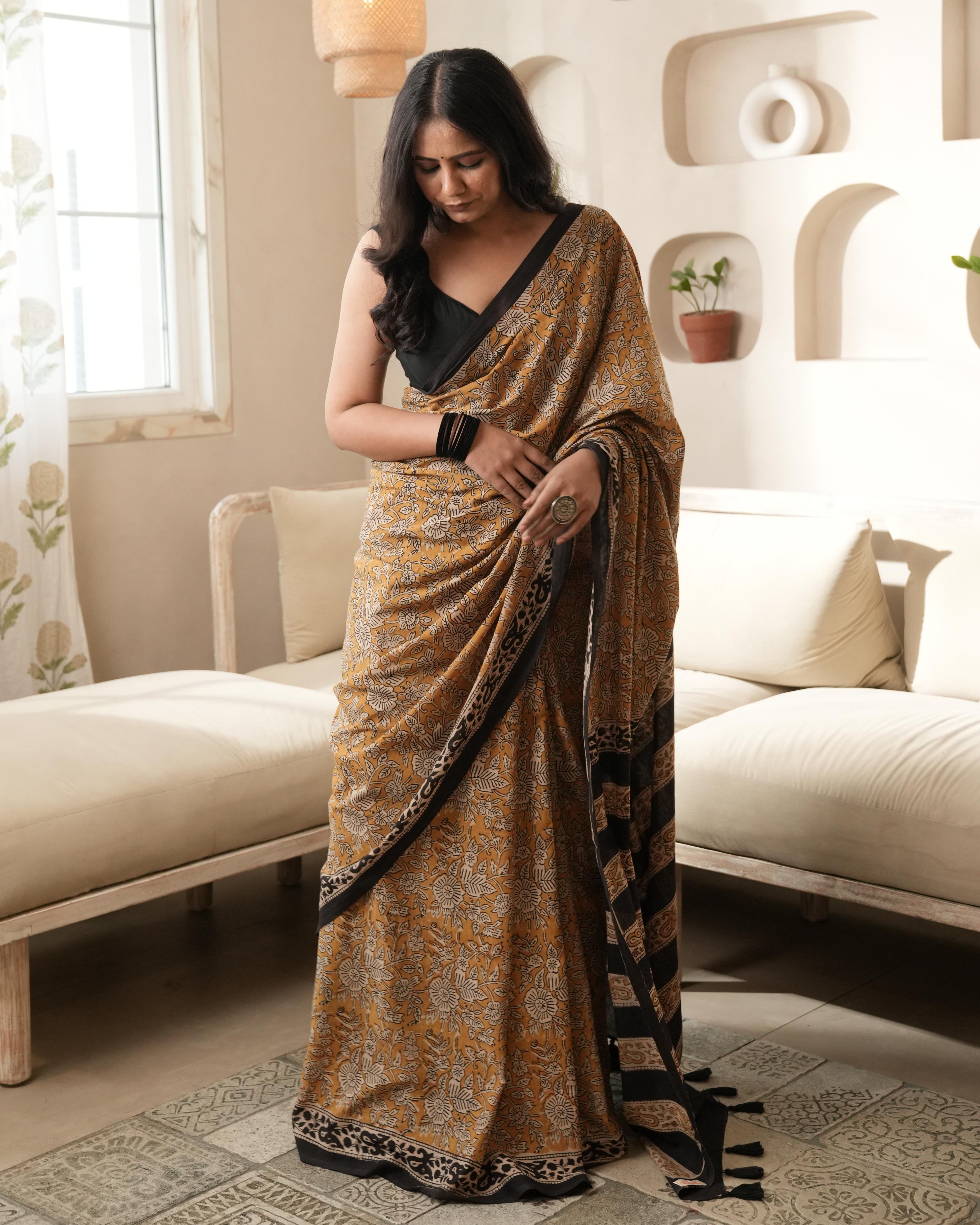 Mustard & Black Bagru Jaal Printed Mul Saree