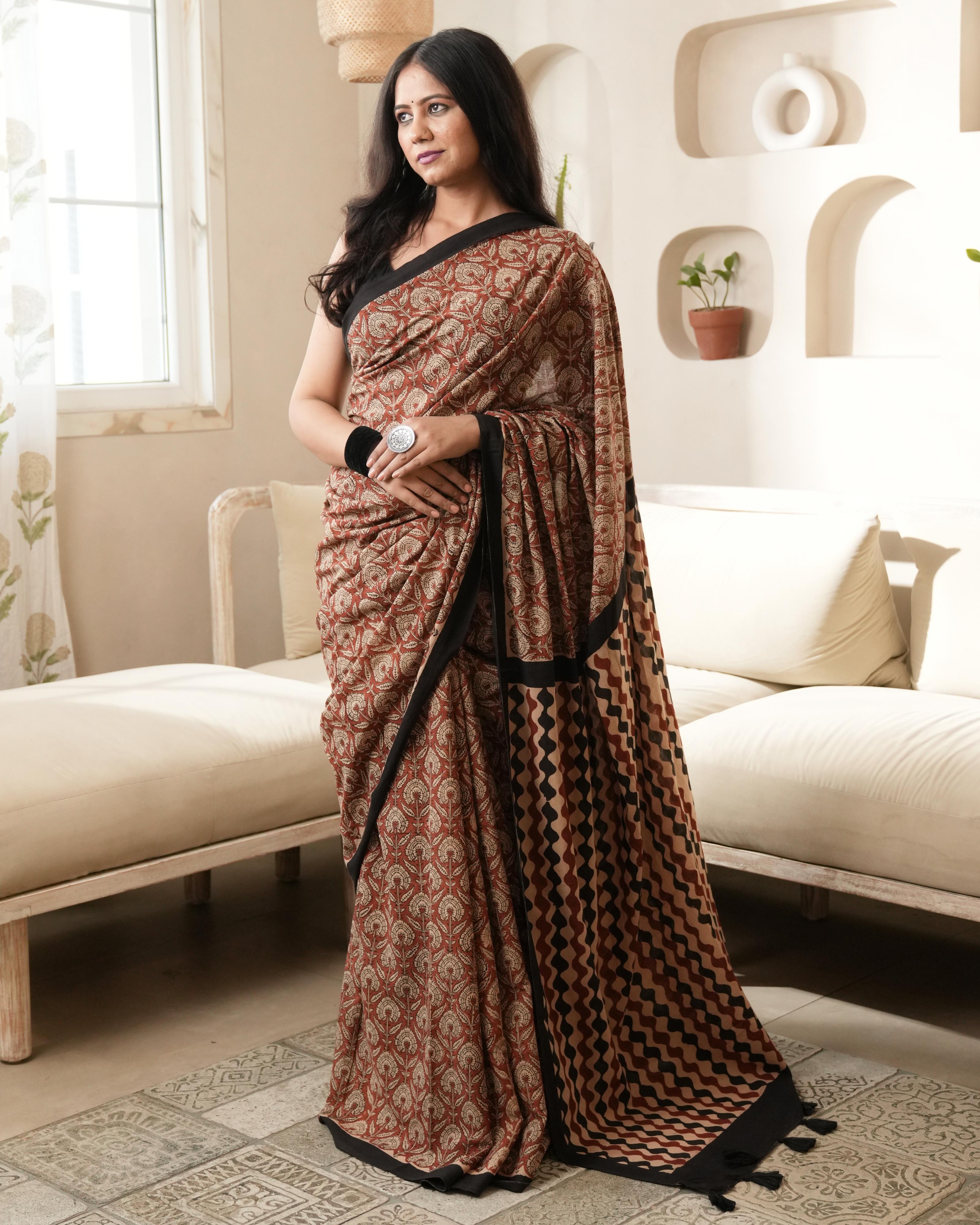 Red Bagru Jaal Print Mul Cotton Saree
