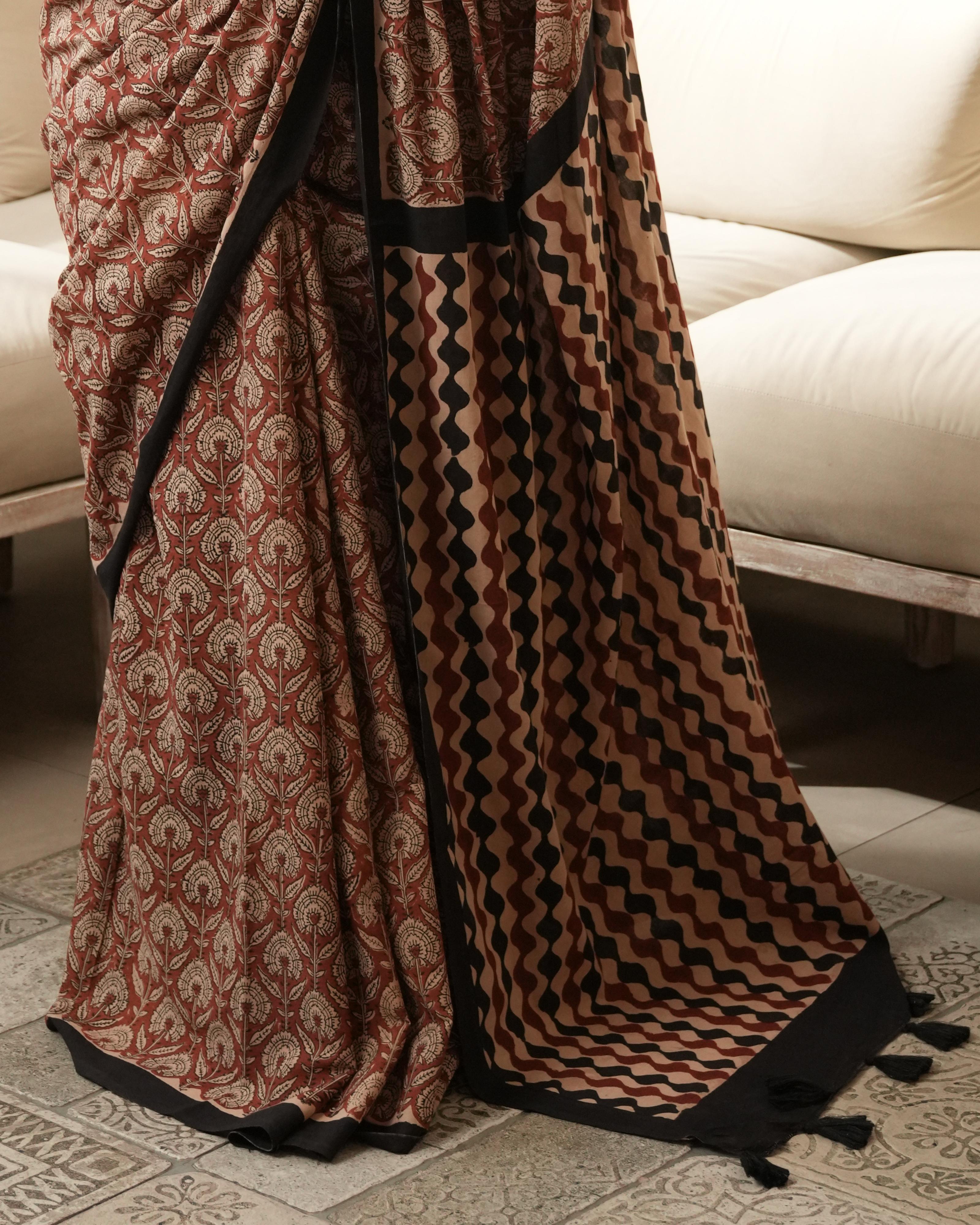 Red Bagru Jaal Print Mul Cotton Saree