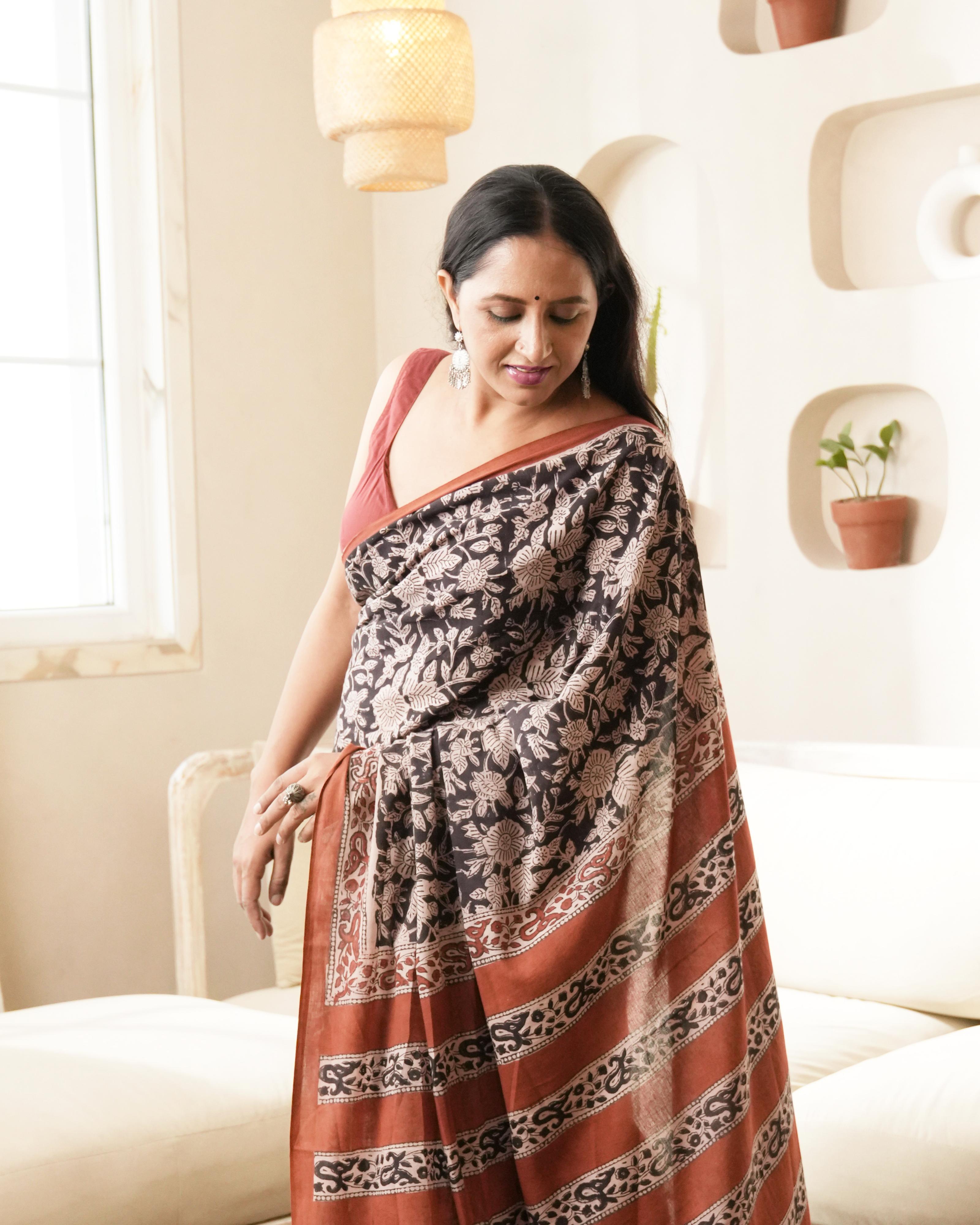 Black Jaal Bagru Print Mul Cotton Saree