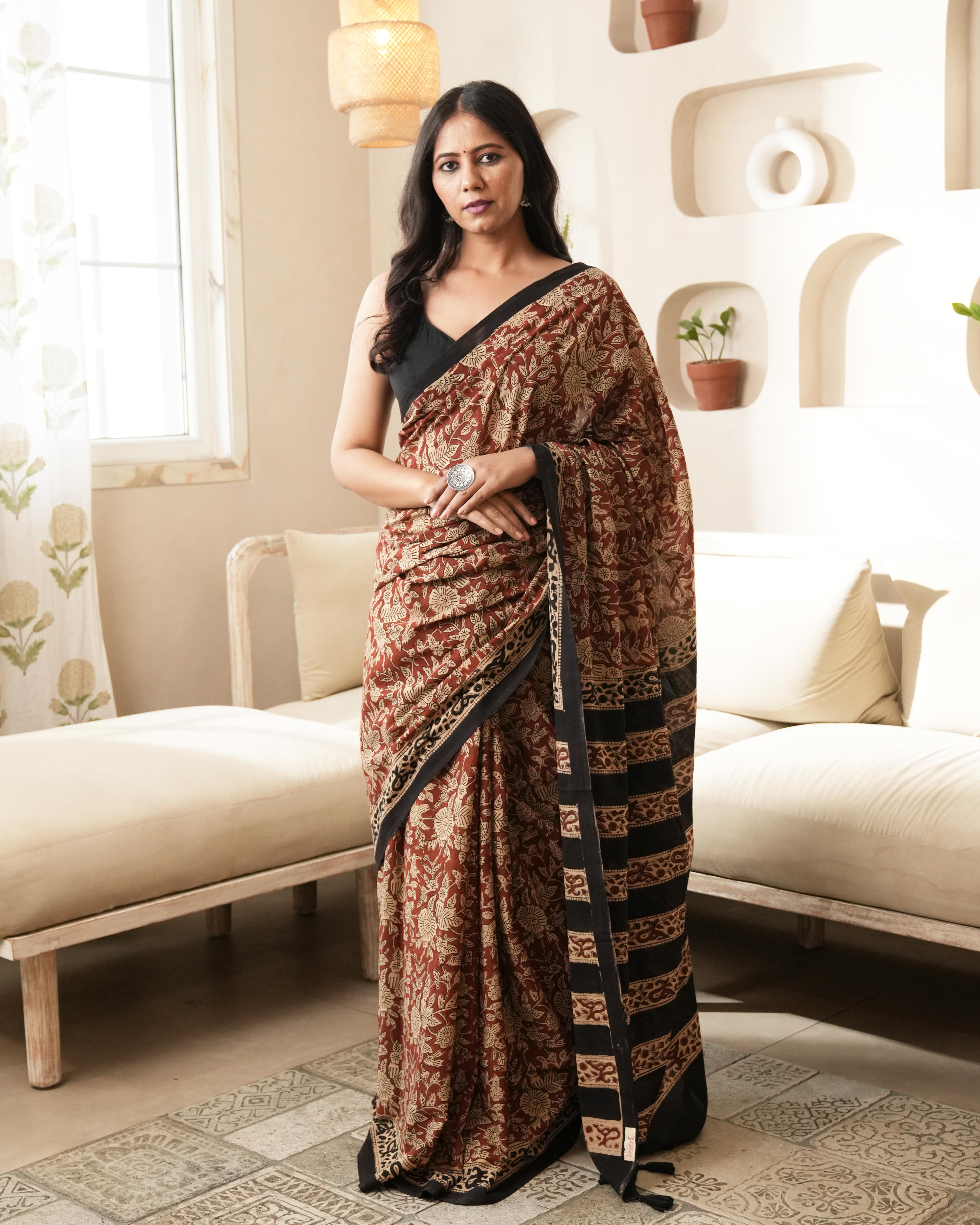 Red Floral Bagru Jaal Print Mul Cotton Saree