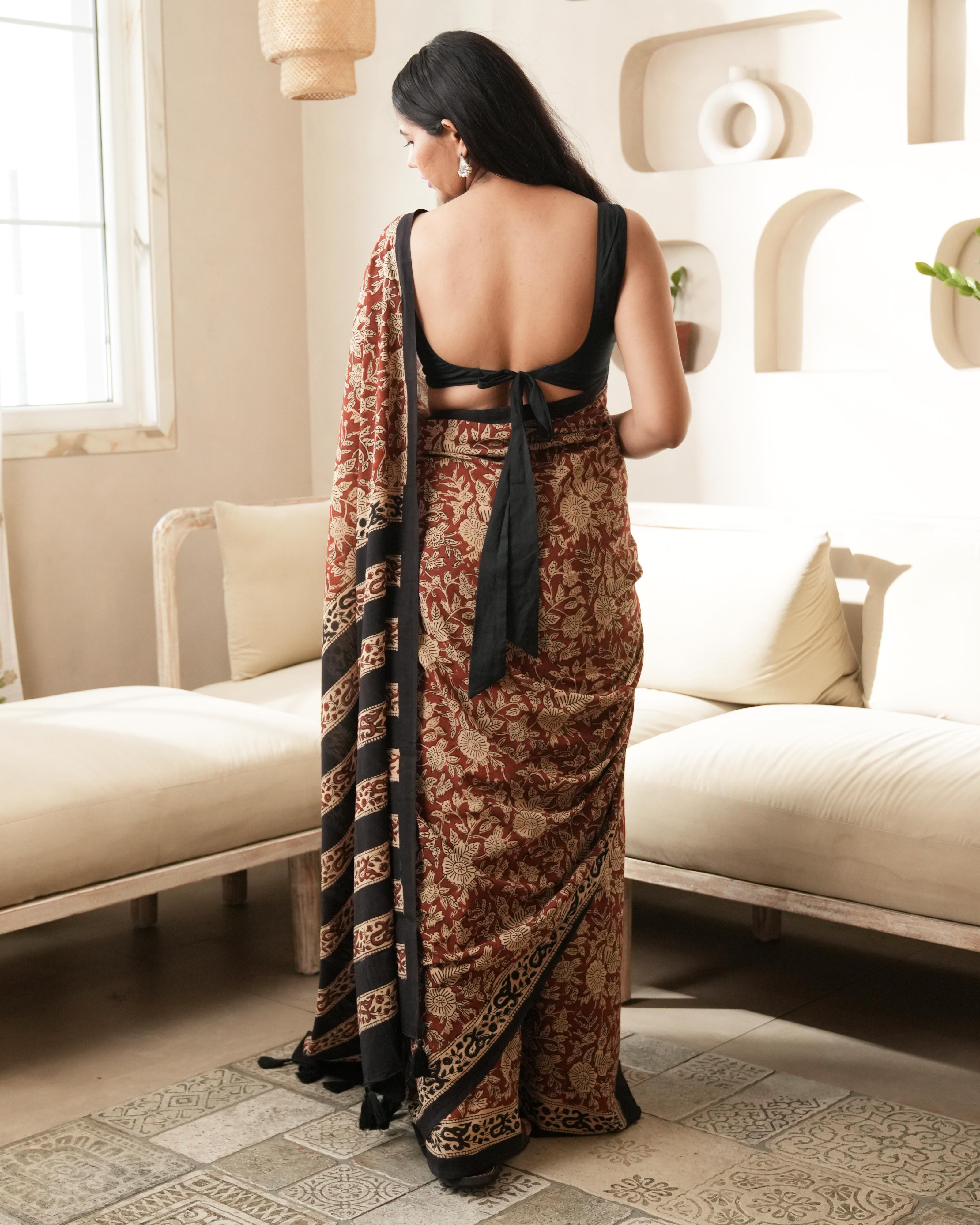 Red Floral Bagru Jaal Print Mul Cotton Saree