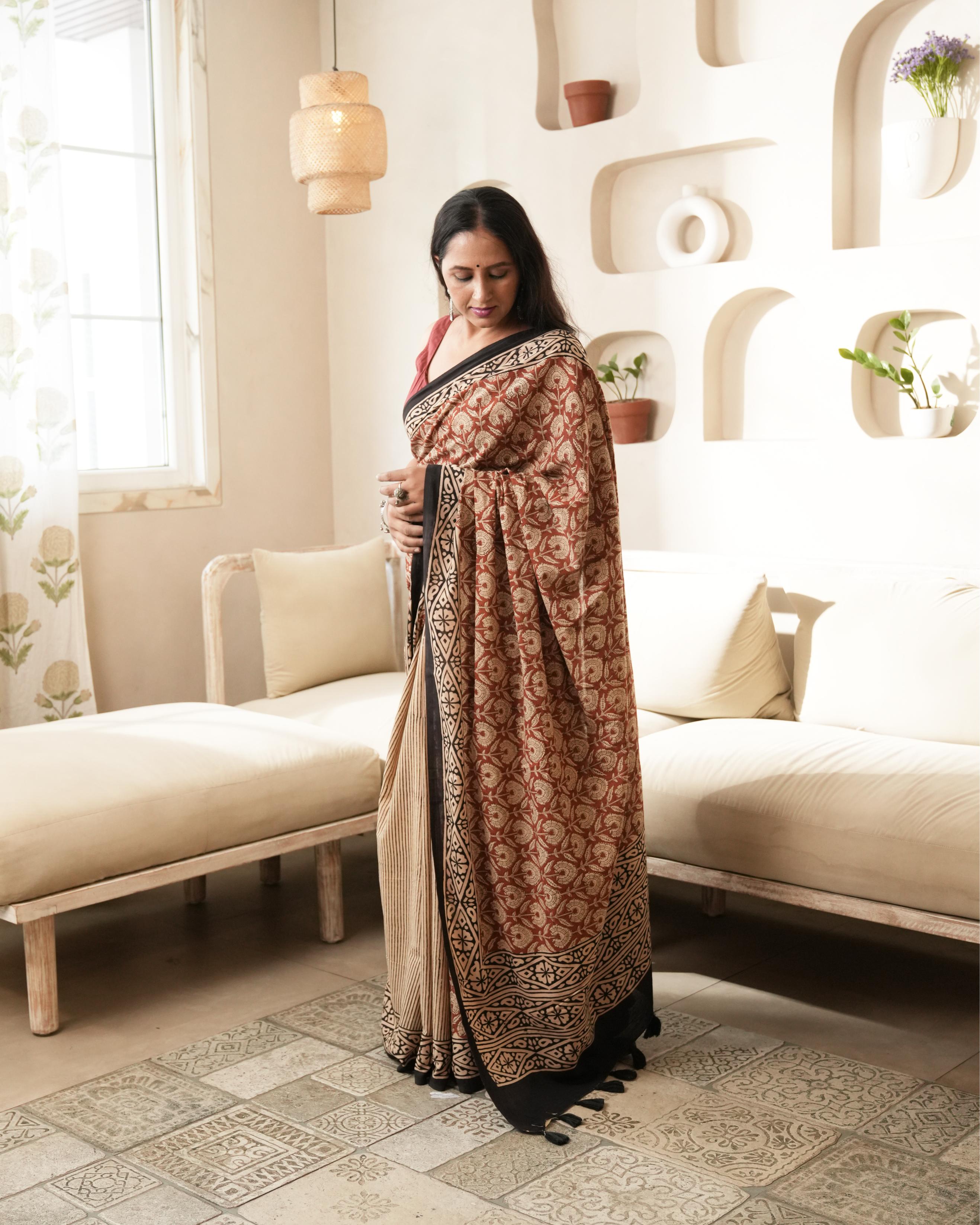 Black Dual Bagru Print Mul Cotton Saree
