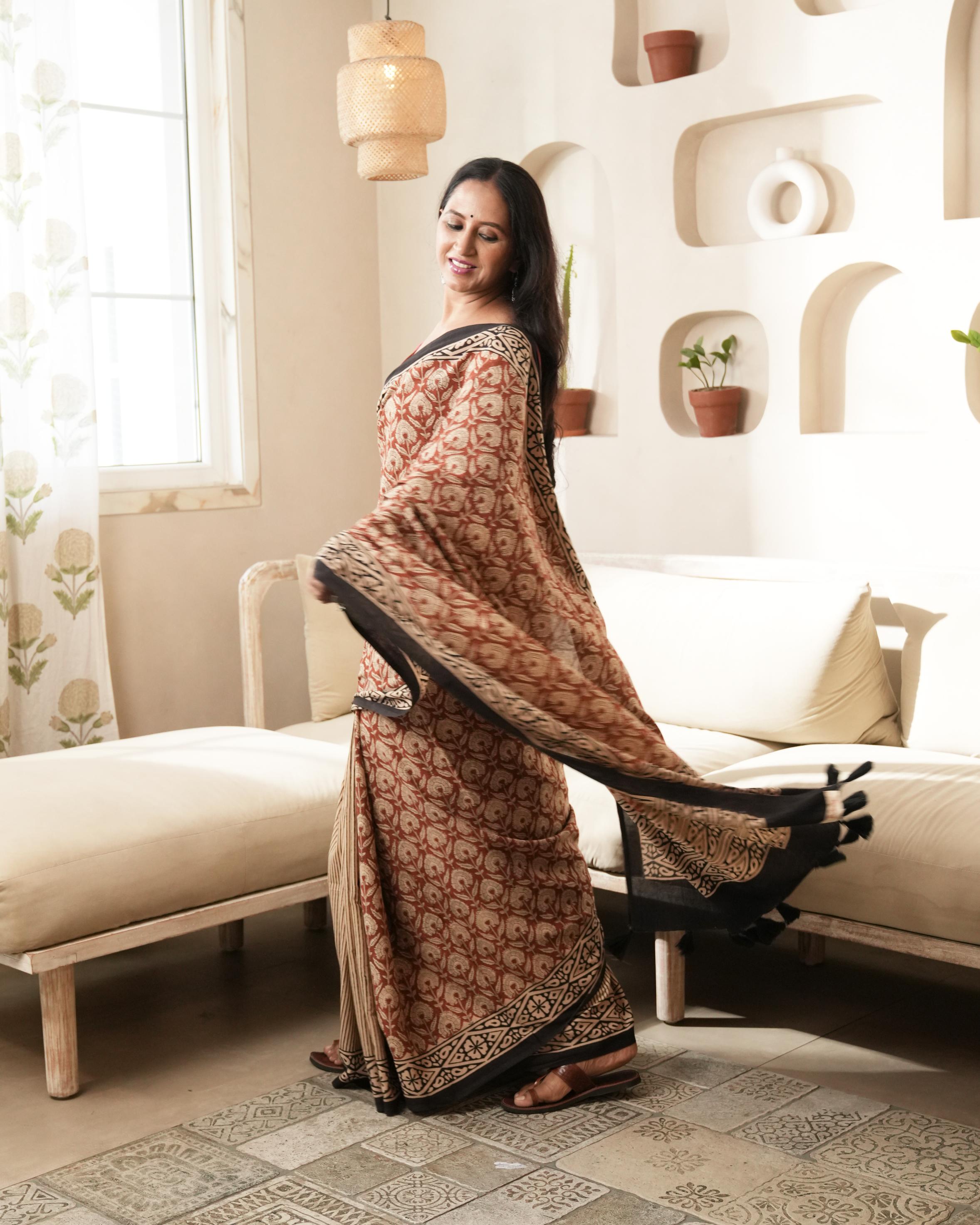 Black Dual Bagru Print Mul Cotton Saree