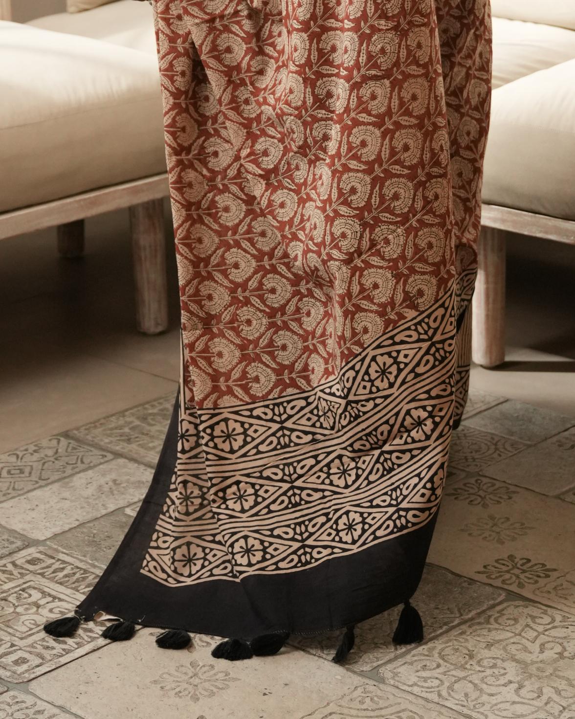 Black Dual Bagru Print Mul Cotton Saree