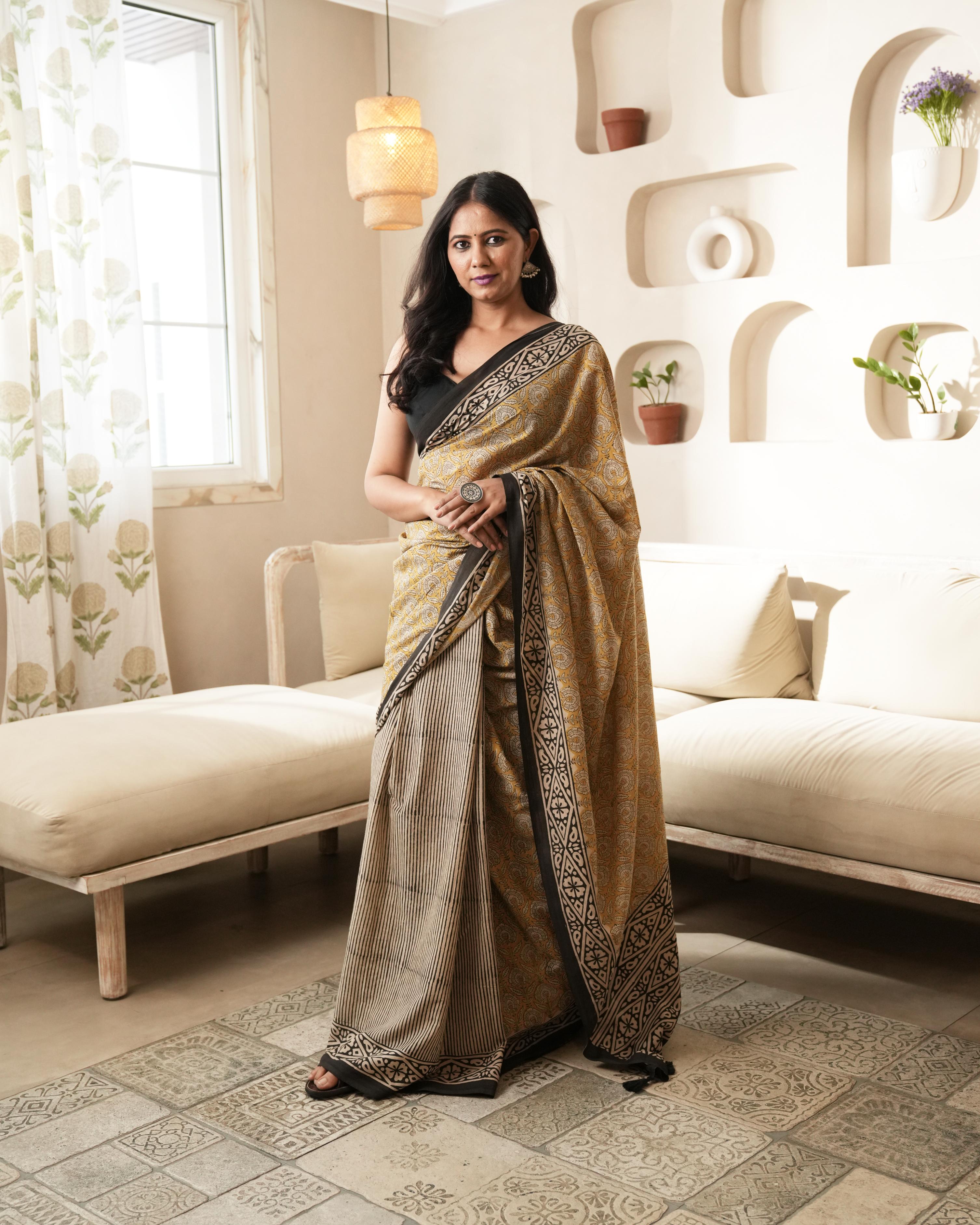 Mustard Dual Bagru Print Mul Cotton Saree