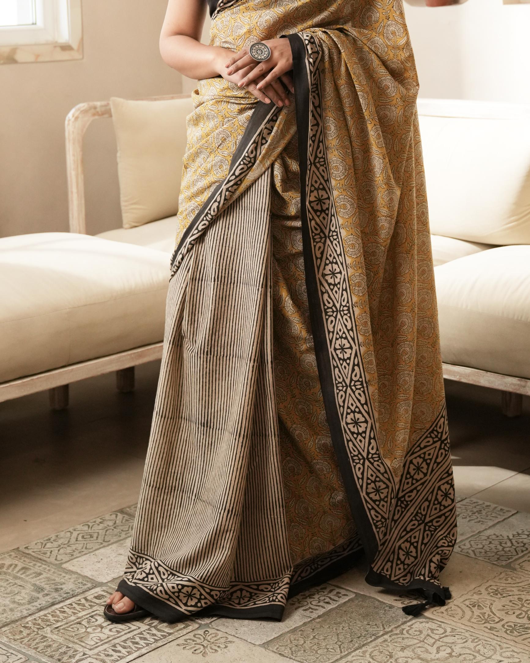 Mustard Dual Bagru Print Mul Cotton Saree