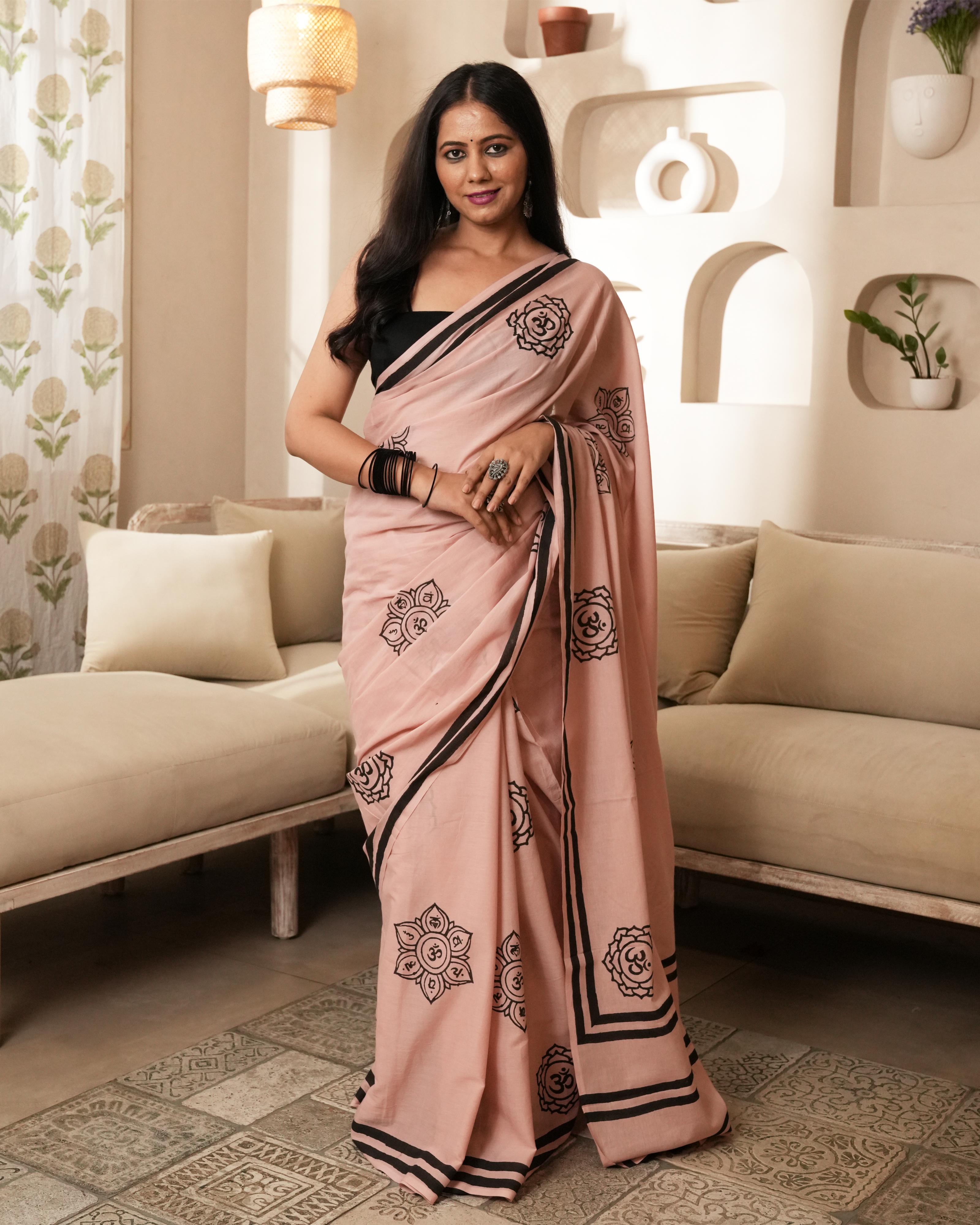 Coral Om Handblock Printed Mul Saree