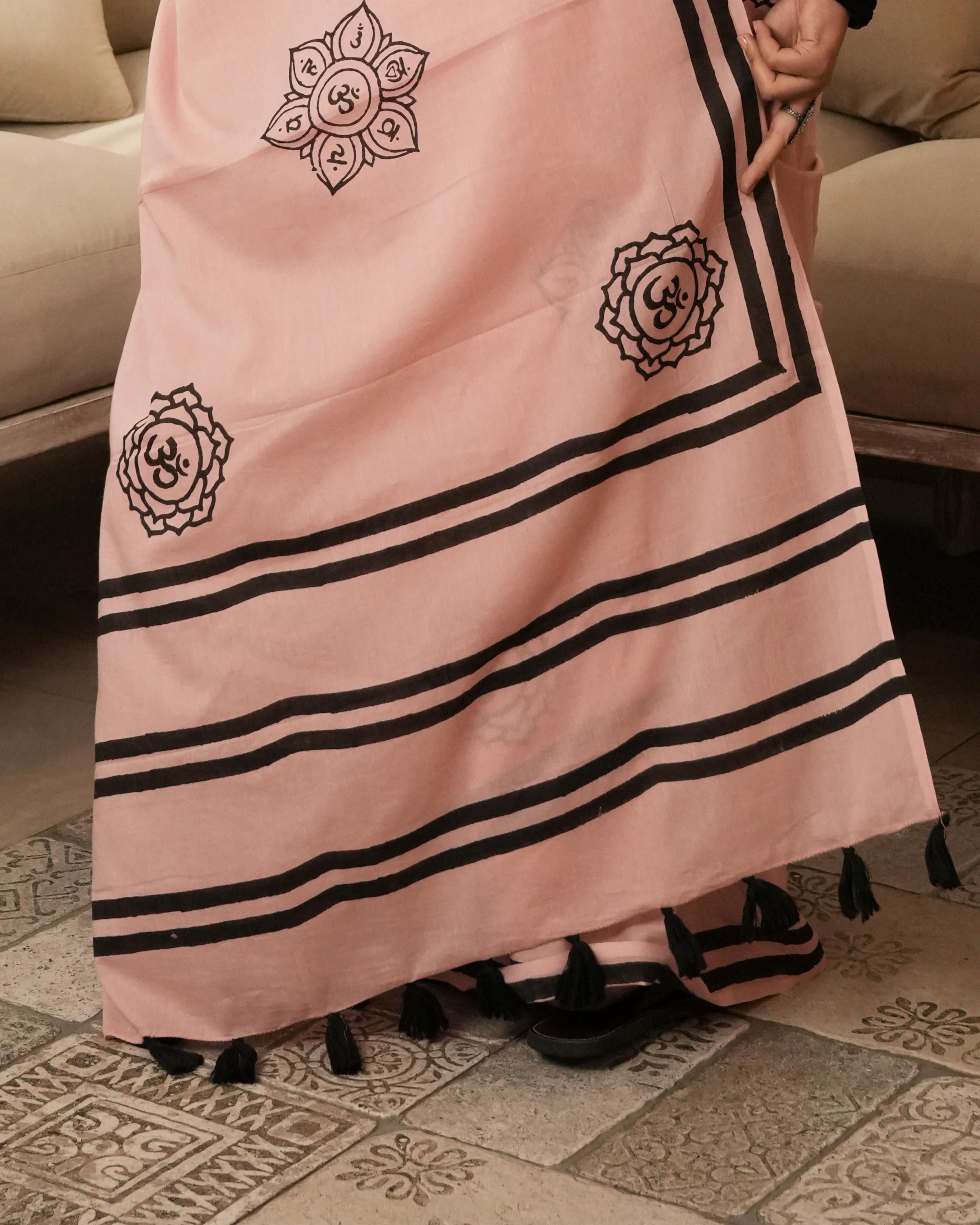 Coral Om Handblock Printed Mul Saree