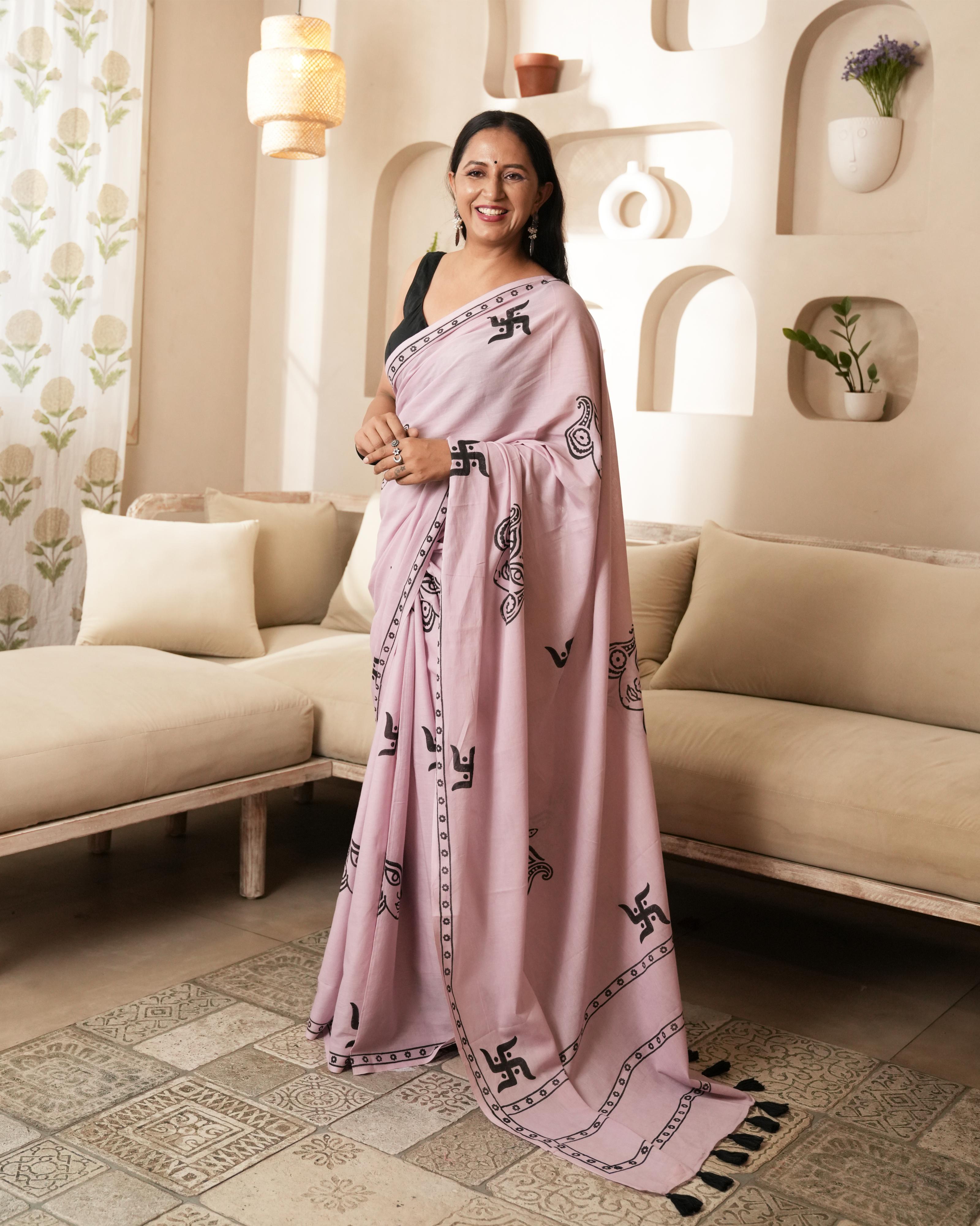 Rose Pink Swastik Hand Block Print Mul Saree with Tassels