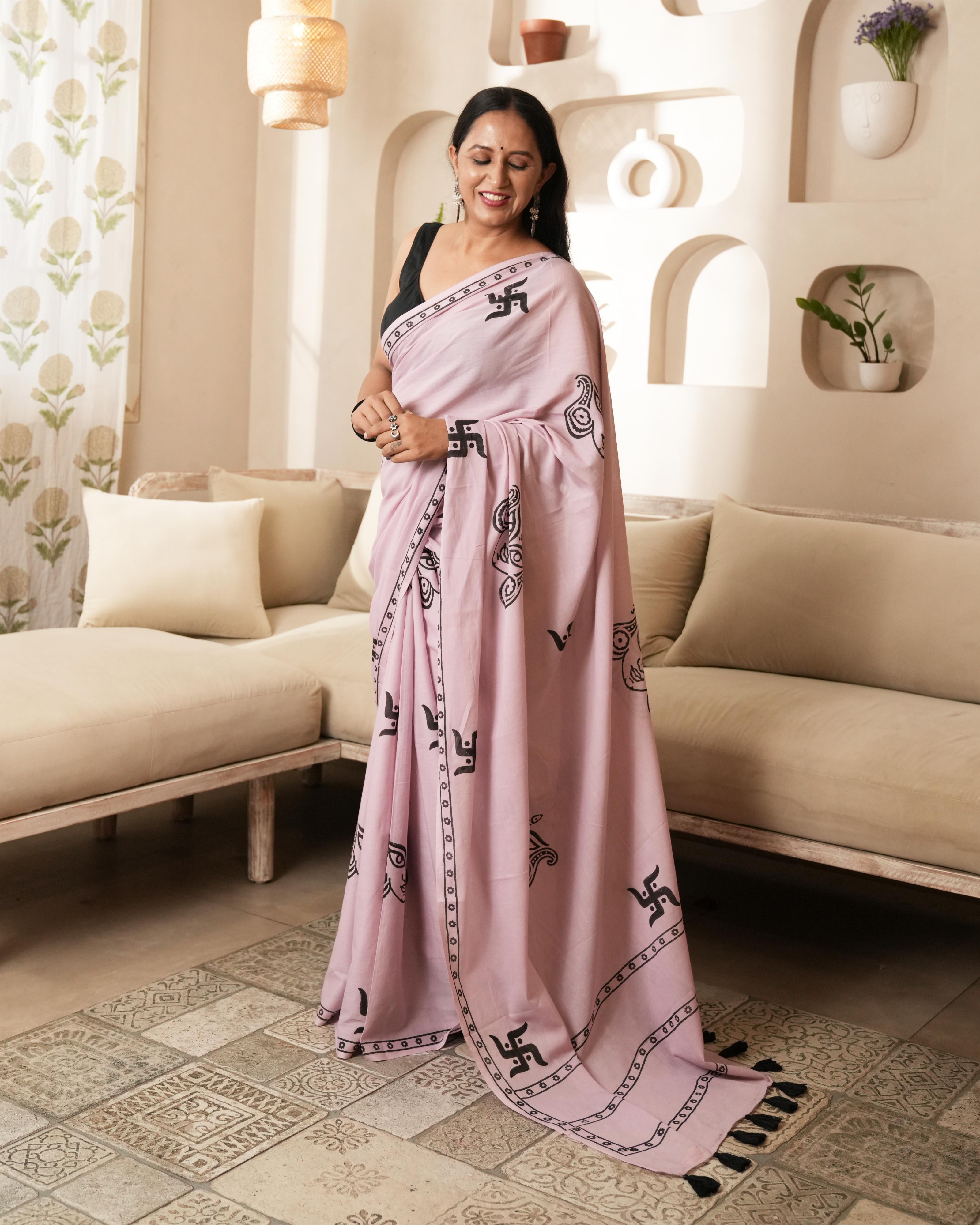 Rose Pink Swastik Hand Block Print Mul Saree with Tassels