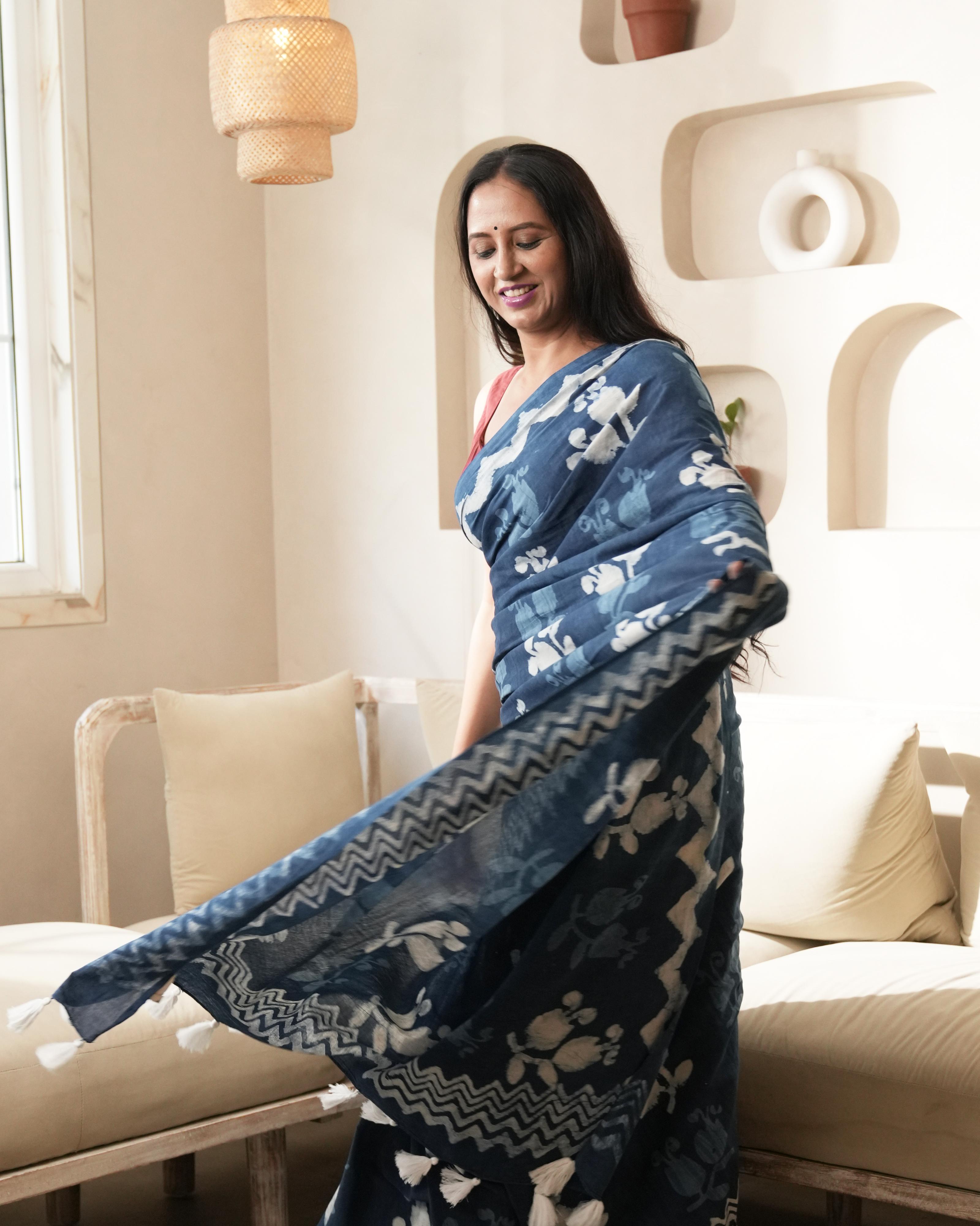 Indigo Dabu Butta Print Mul Saree