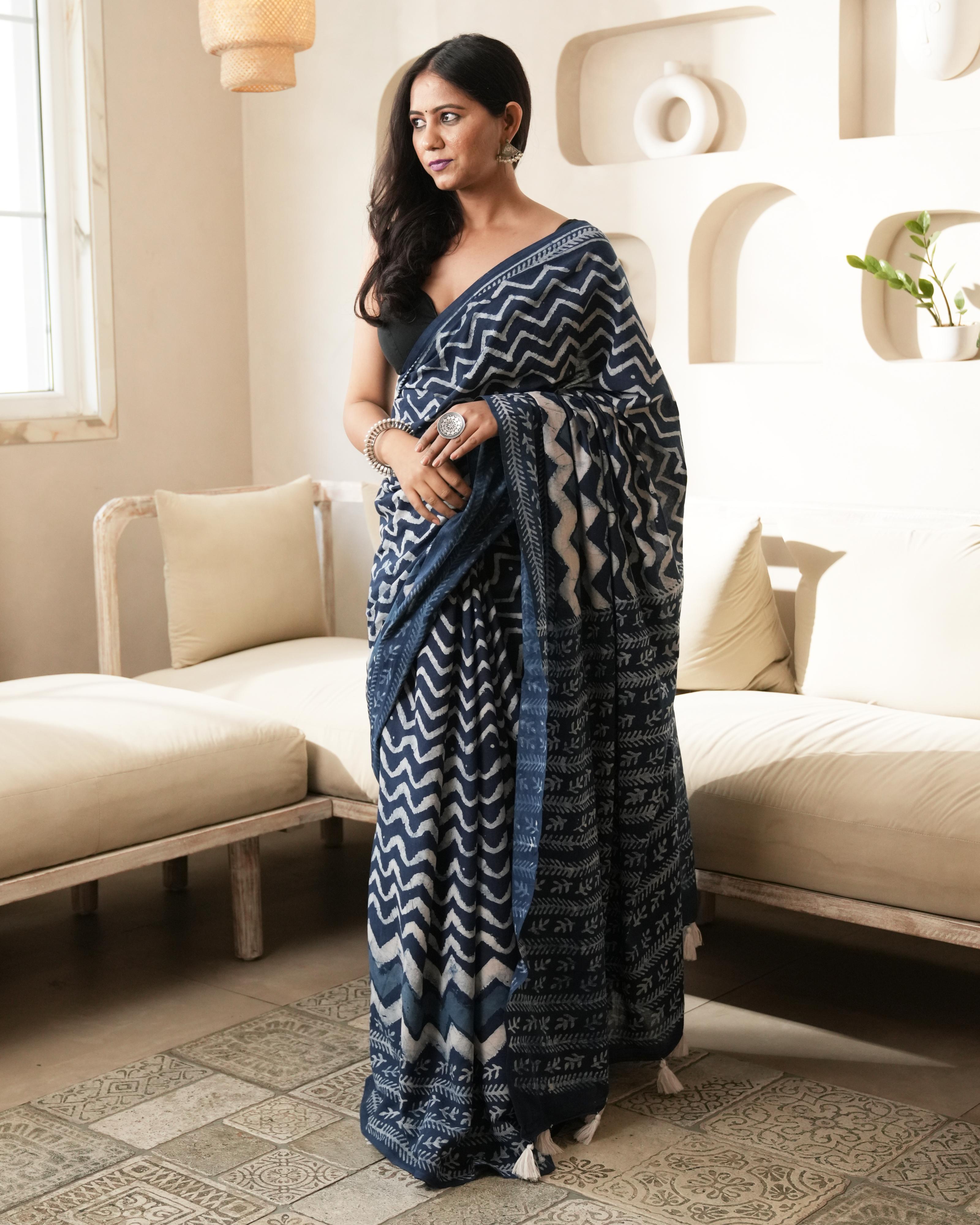 Indigo Wave Dabu Print Mul Cotton Saree