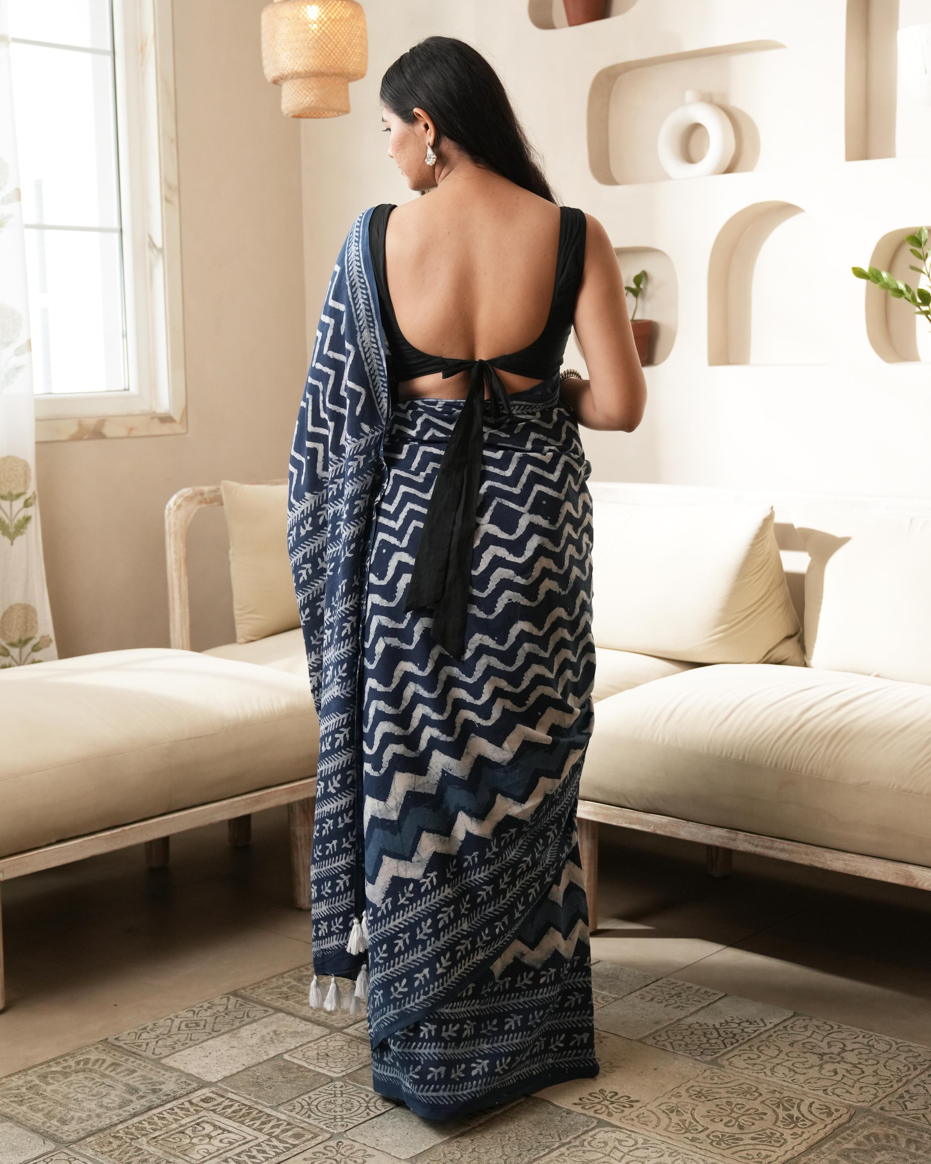 Indigo Wave Dabu Print Mul Cotton Saree