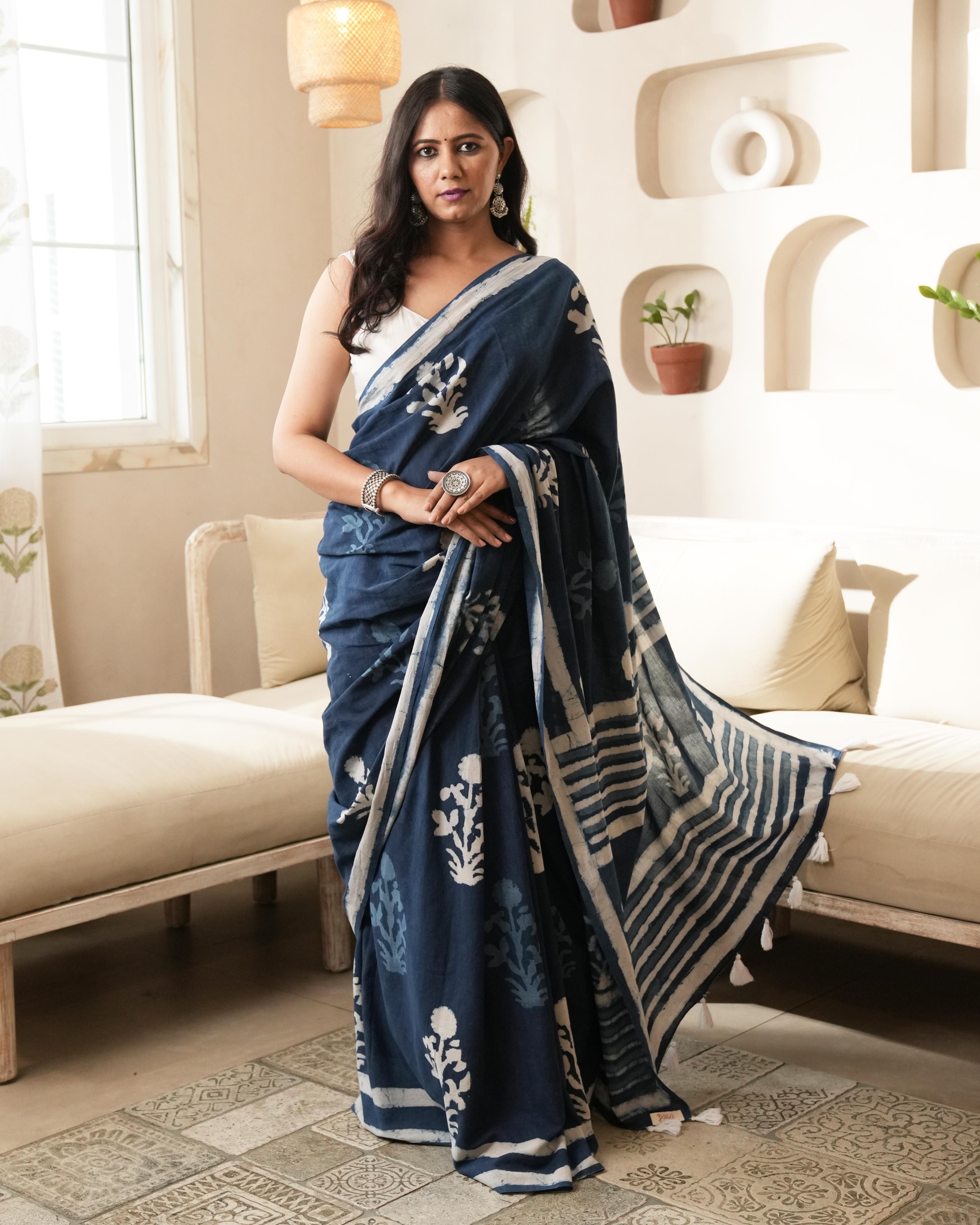 Indigo Mughal Butta Dabu Print Mul Saree