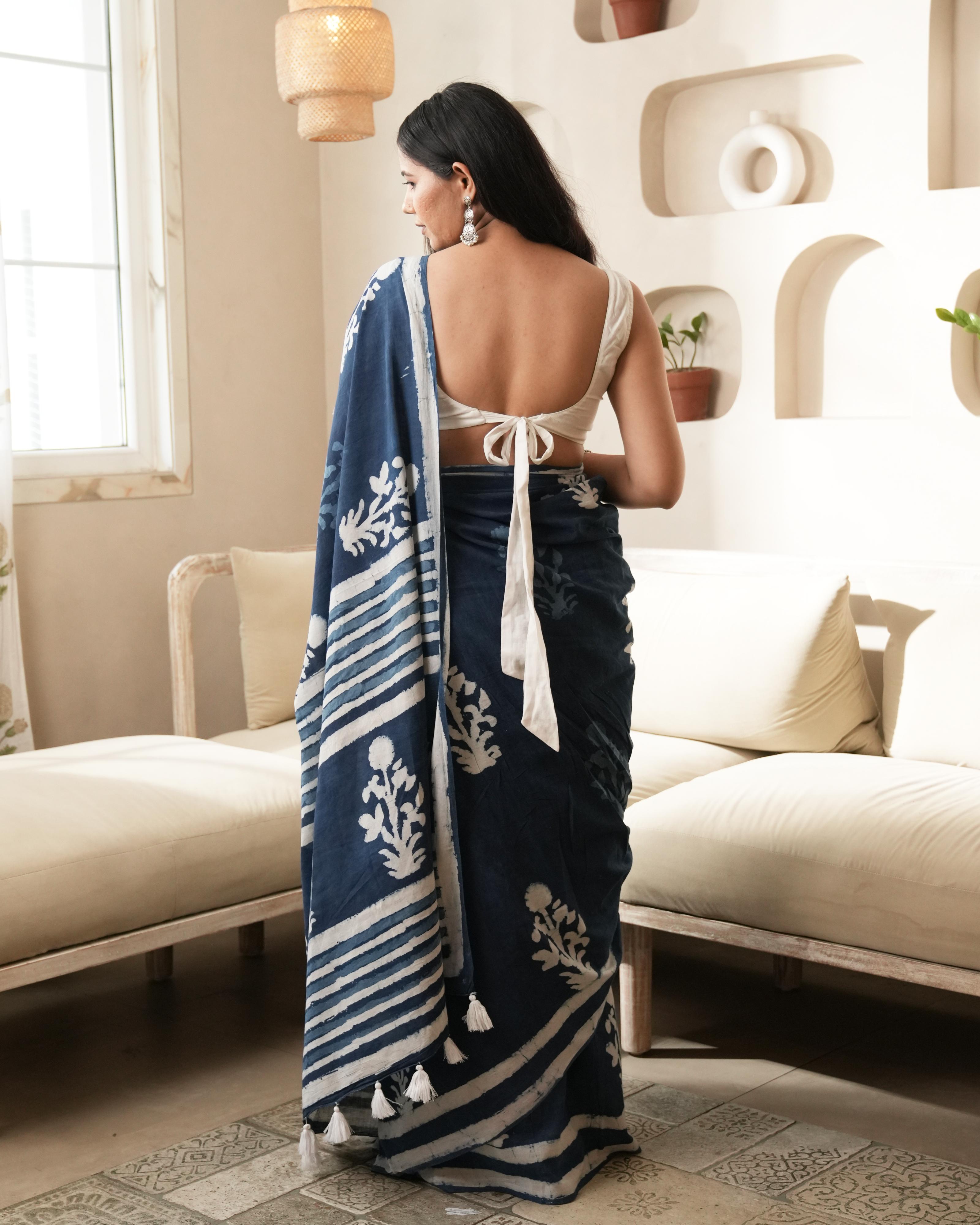 Indigo Mughal Butta Dabu Print Mul Saree