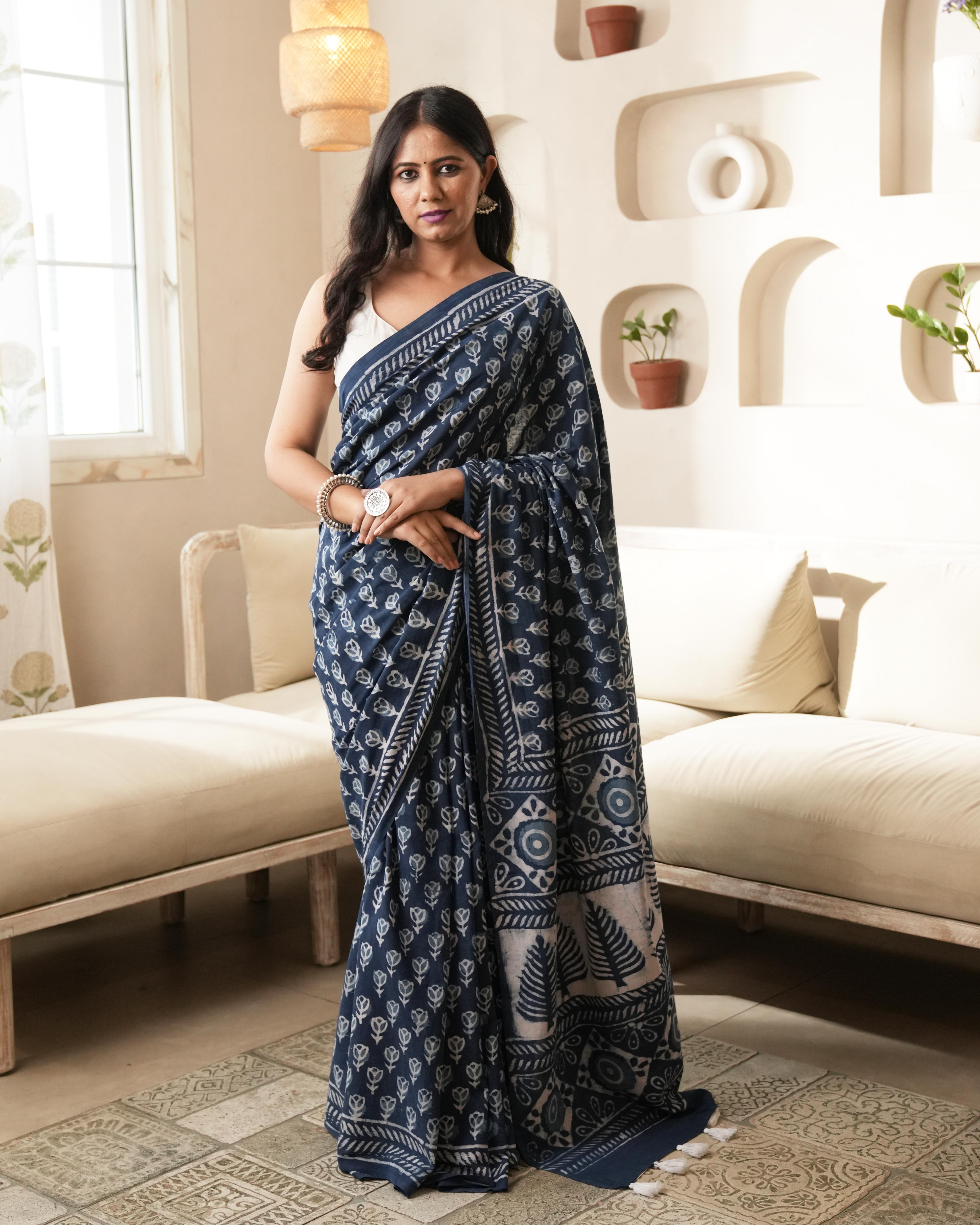 Indigo Dabu Butti Print Mul Saree