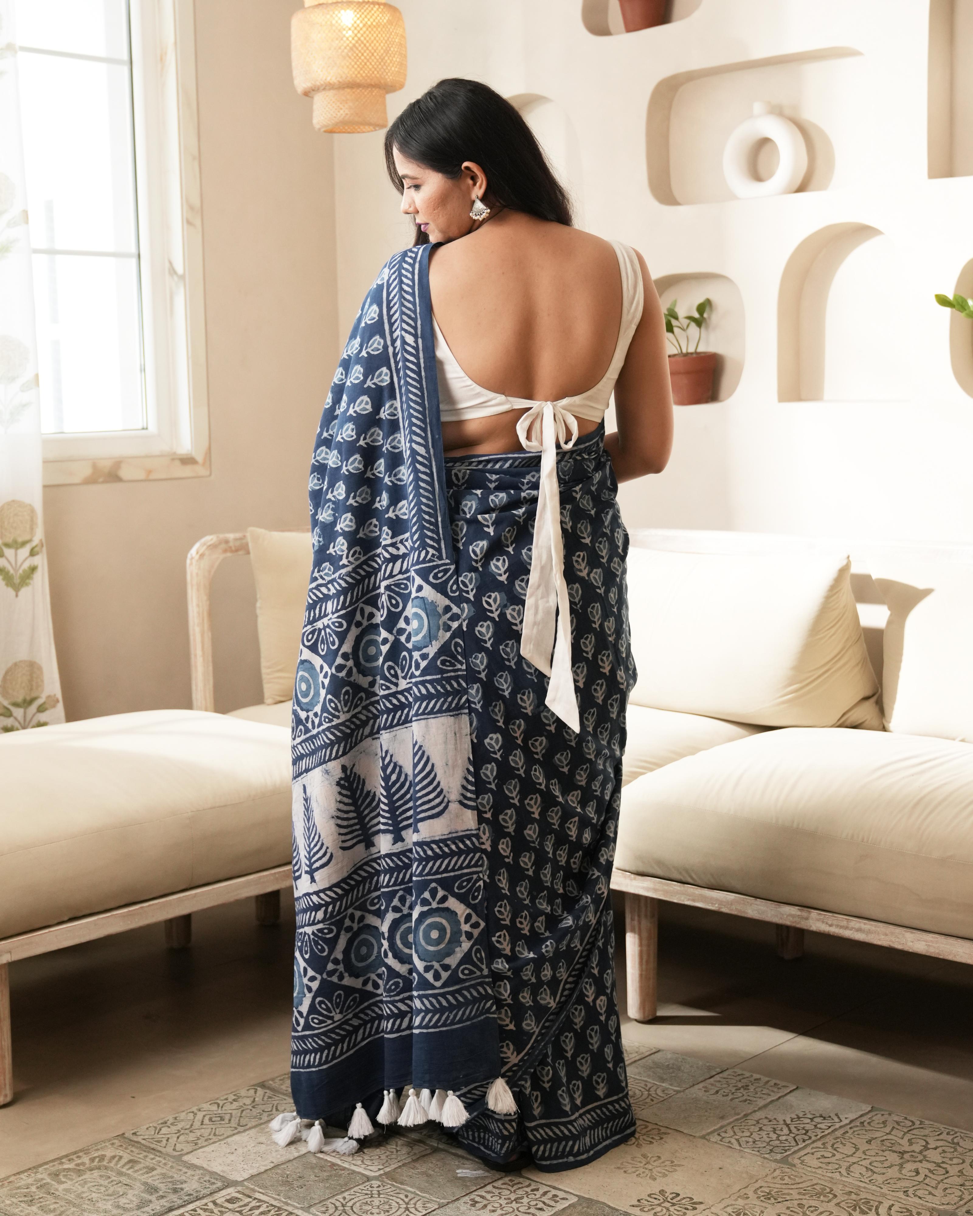 Indigo Dabu Butti Print Mul Saree