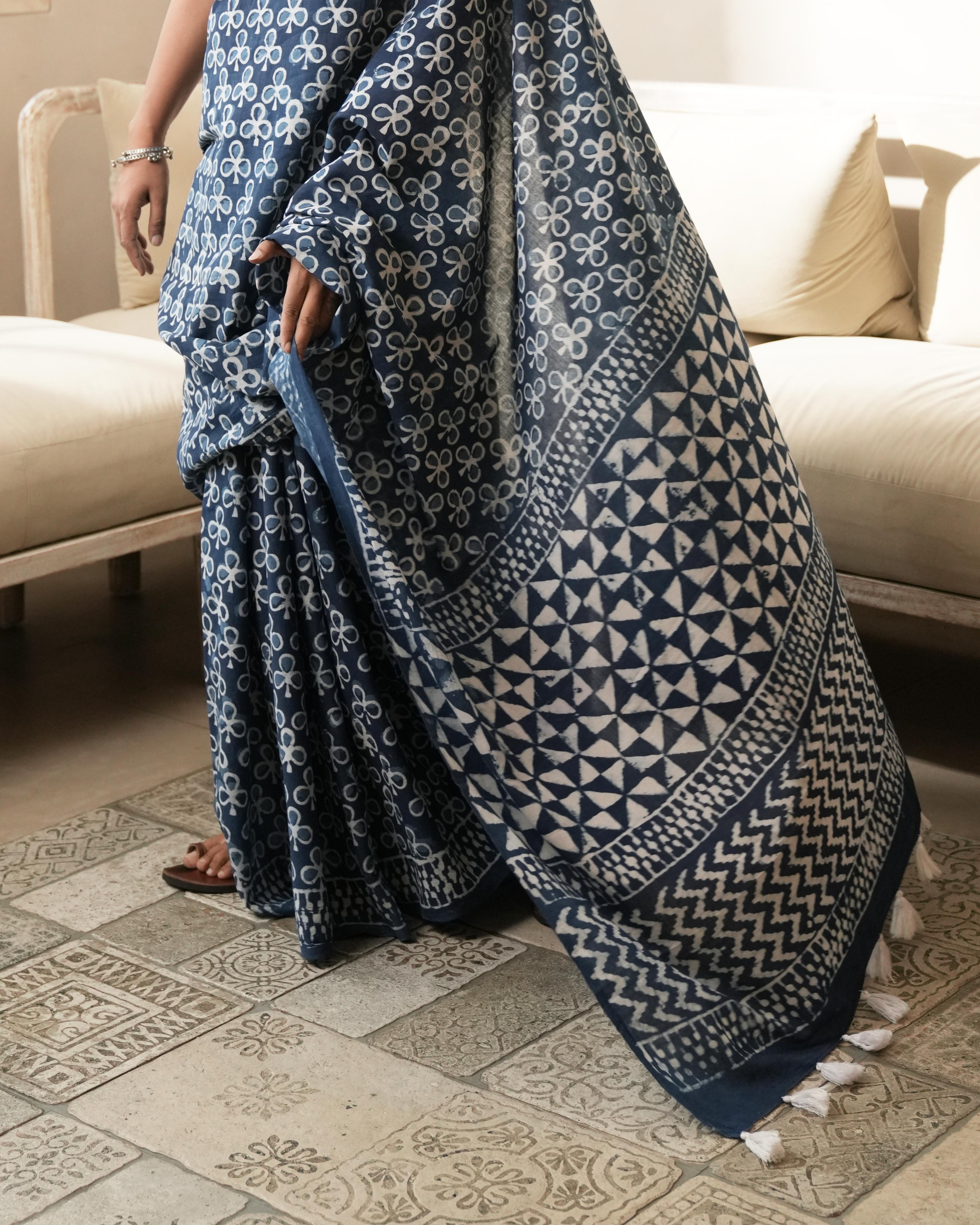 Indigo Traditional Dabu Print Mul Saree