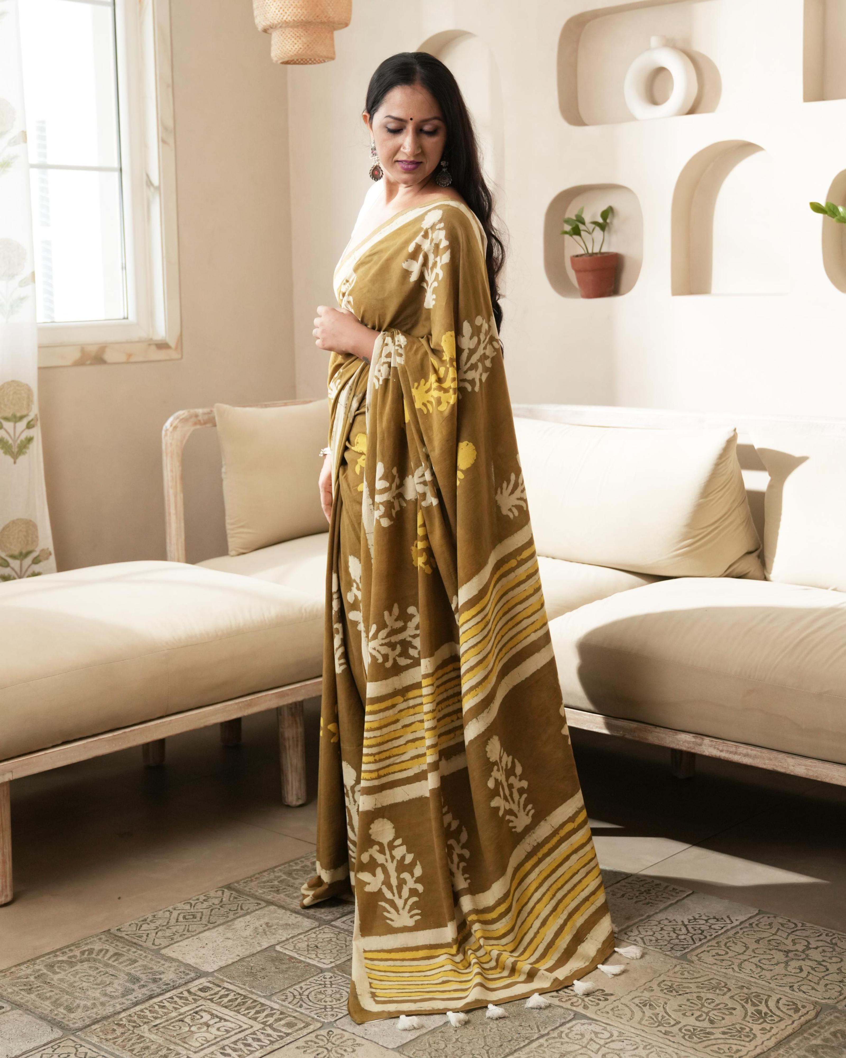 Rustic Brown Mughal Butta Dabu Print Mul Saree