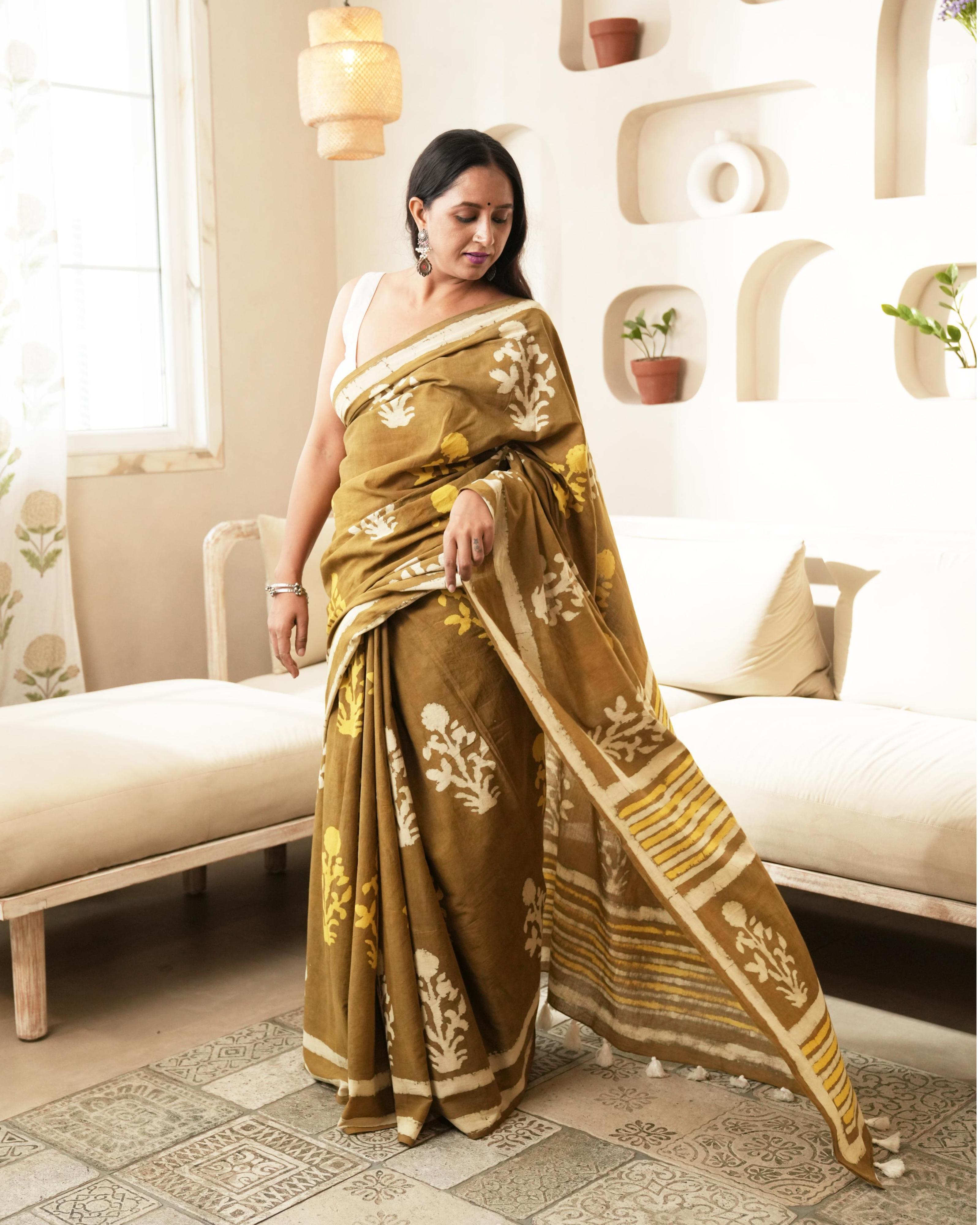 Rustic Brown Mughal Butta Dabu Print Mul Saree