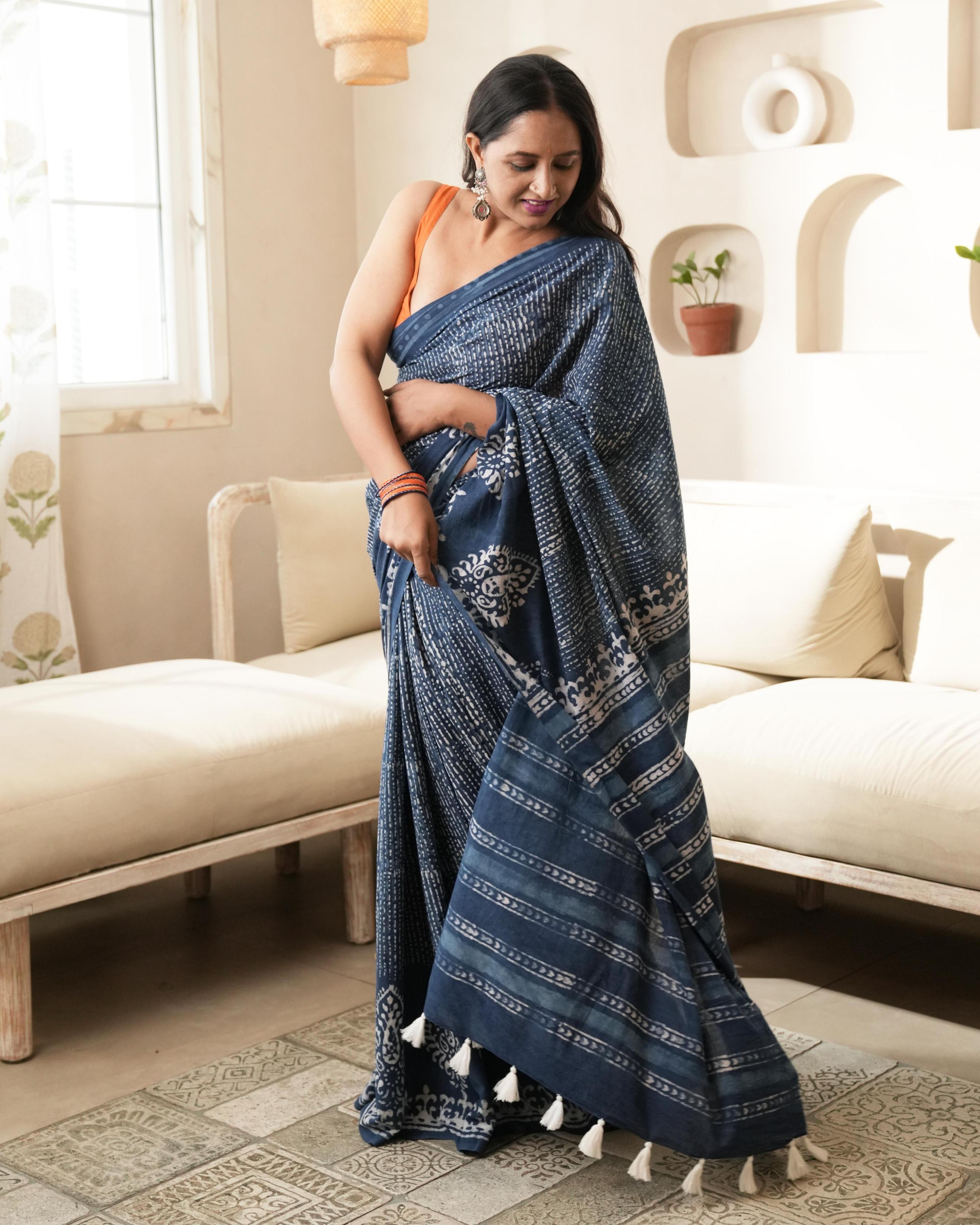 Indigo Tree Butta Dabu Print Mul Saree
