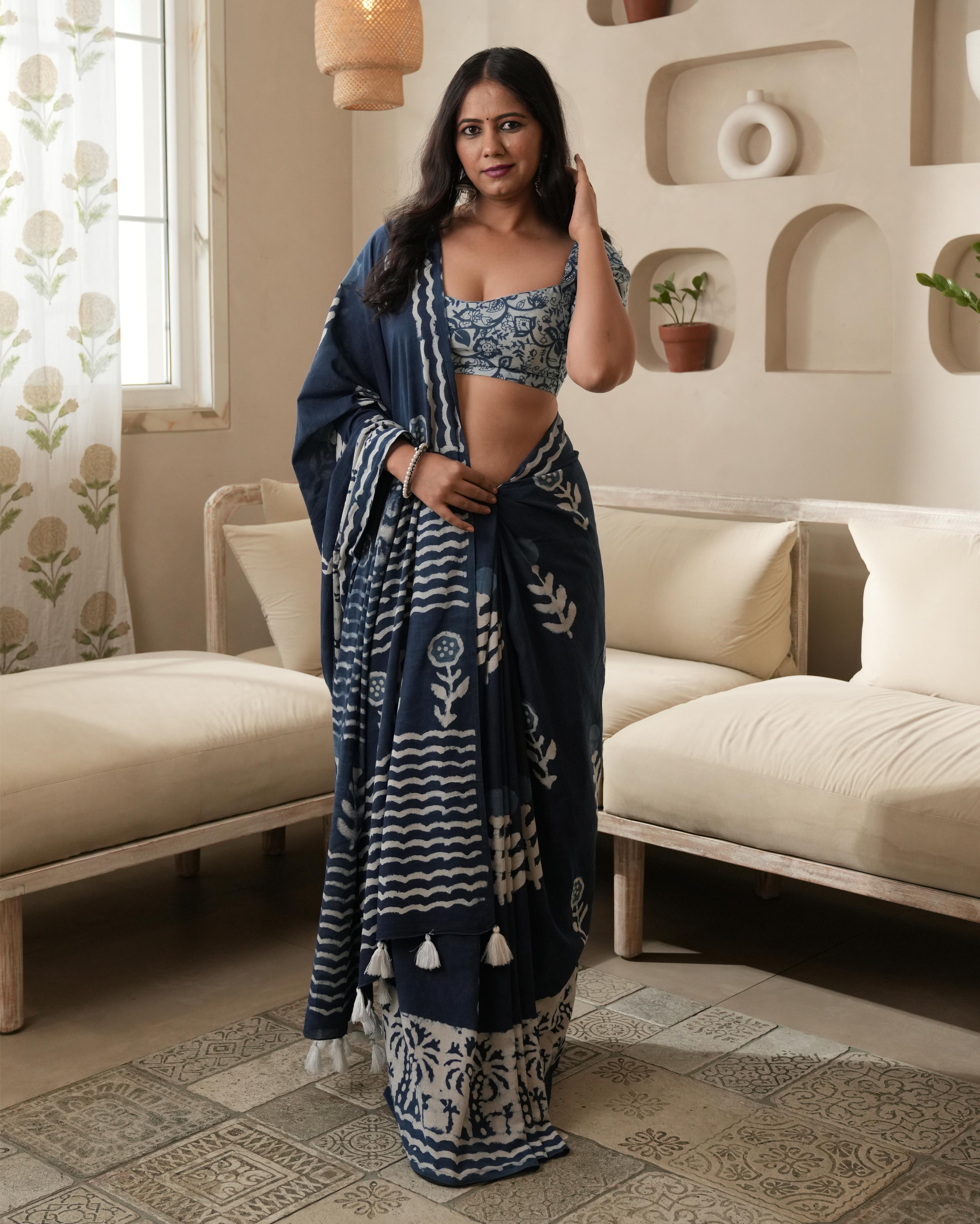 Indigo Parecha Border Dabu Print Mul Saree