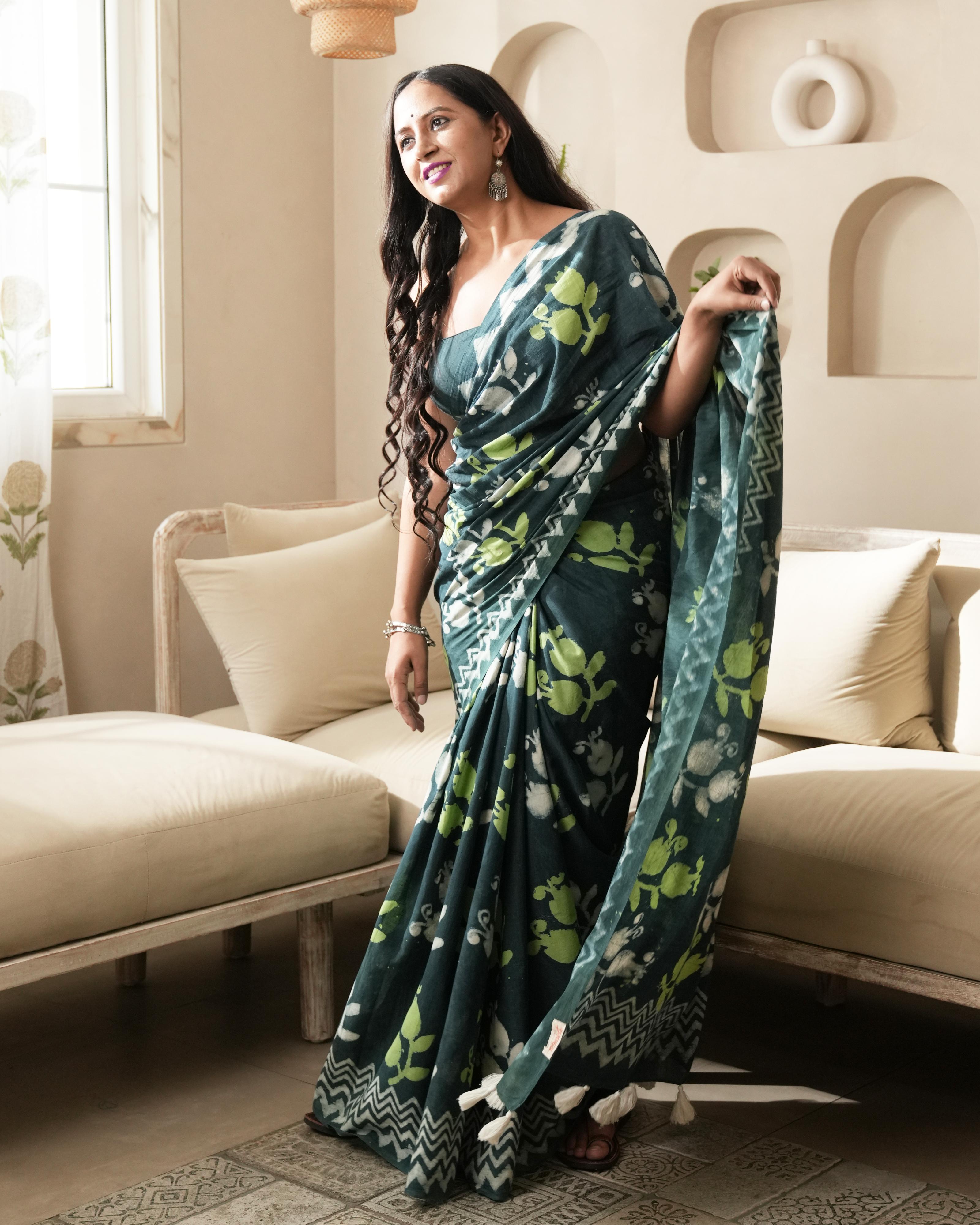 Bottle Green Mughal Butta Dabu Print Mul Saree