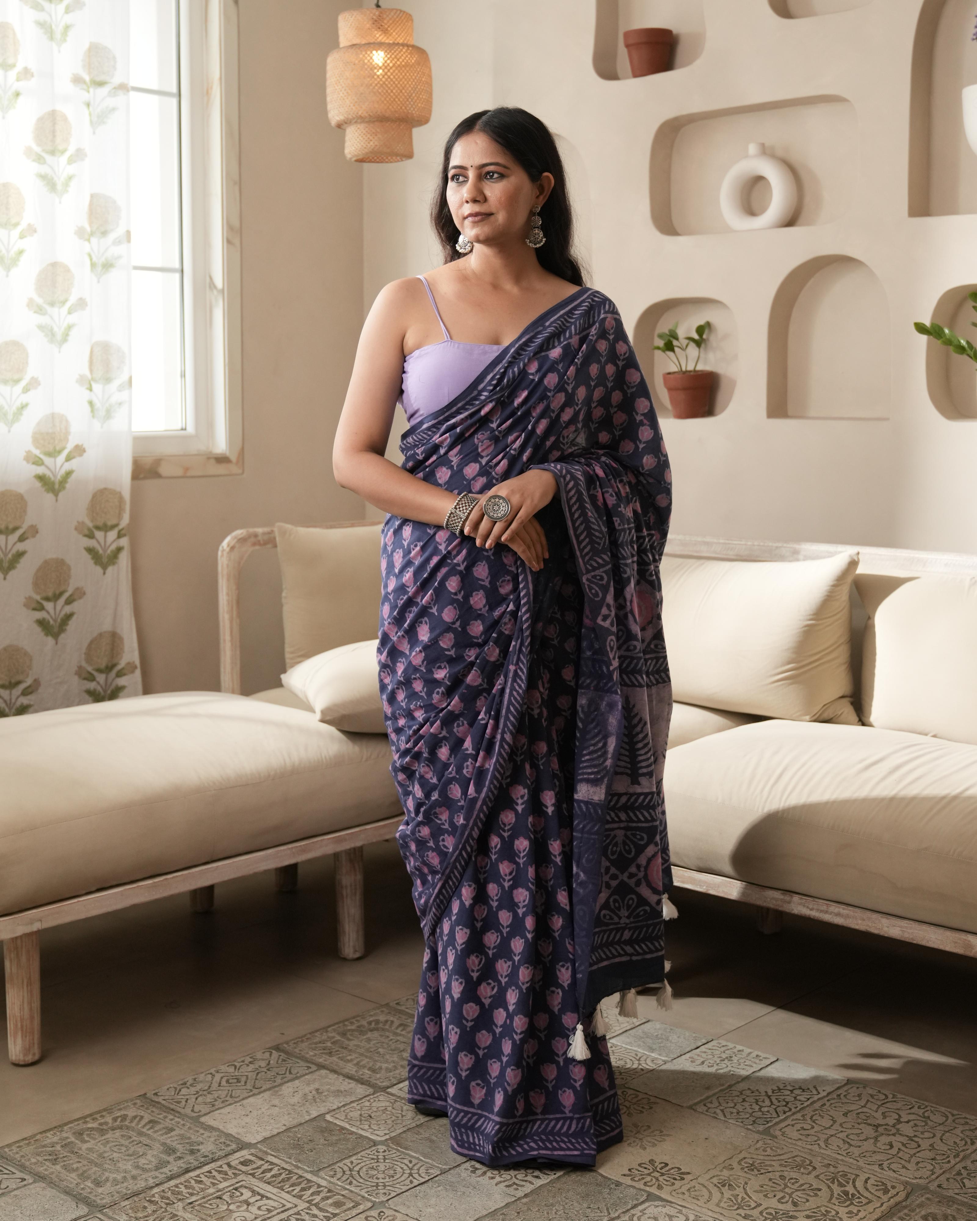 Purple Butti Dabu Print Mul Saree